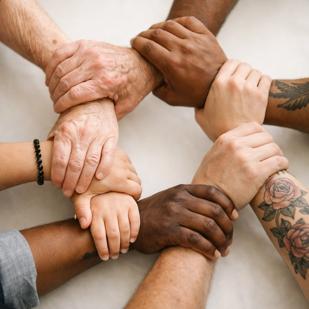 Diverse hands joined in circle symbolizing community solidarity in addiction recovery support