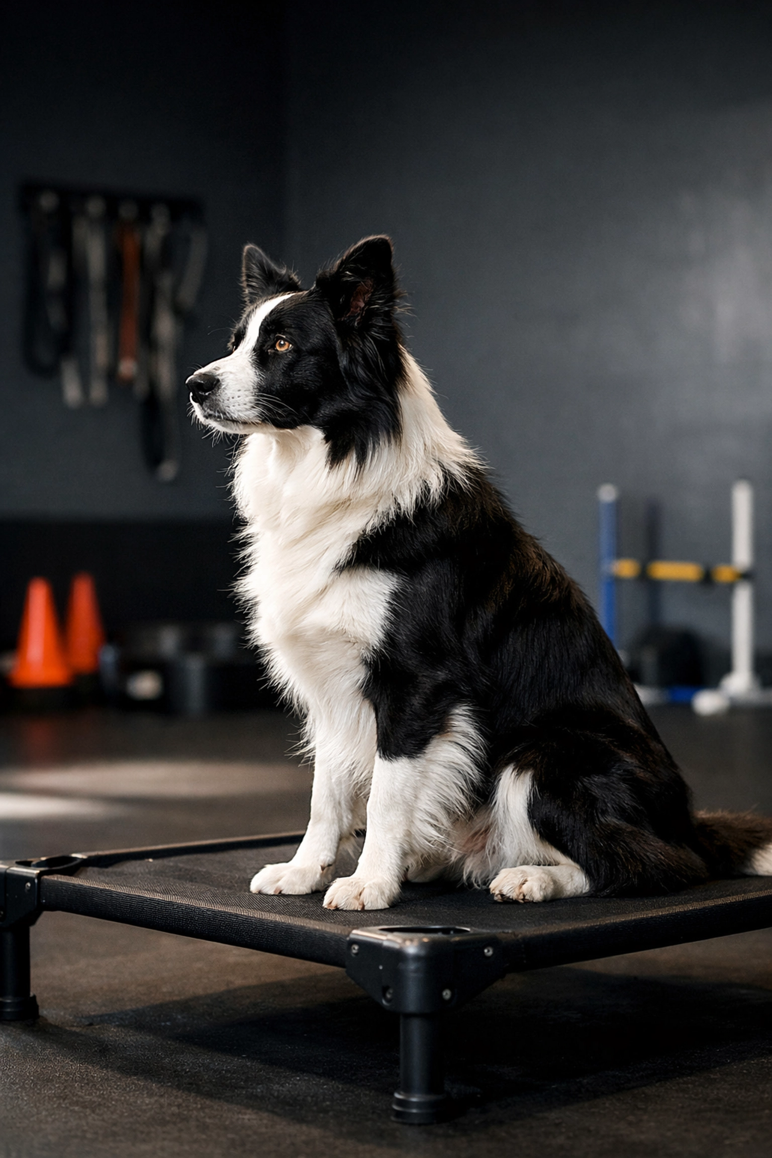 Dog performing place command on training bed during board and train obedience program