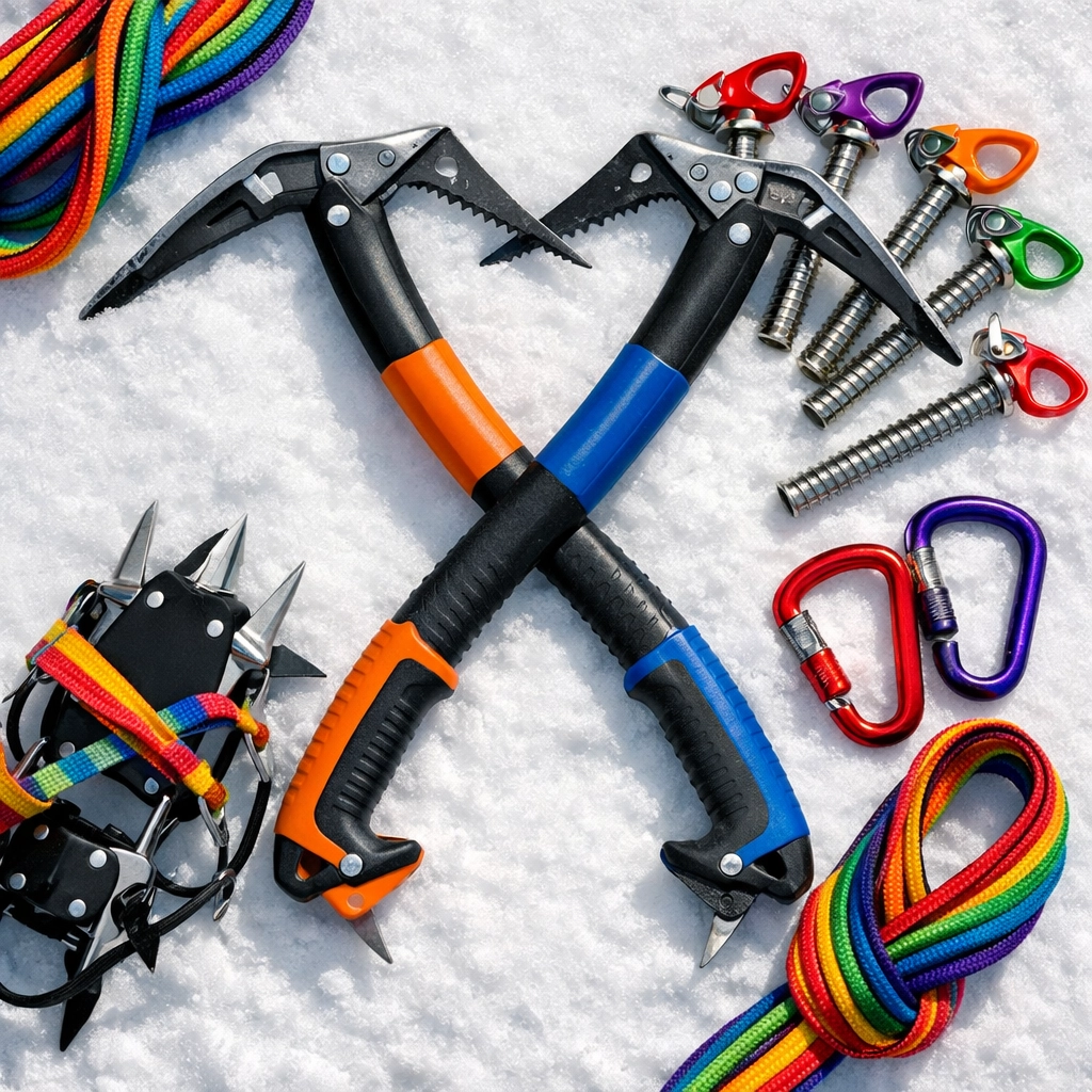 Ice climbing gear including crampons, ice axes, rope and carabiners on snow