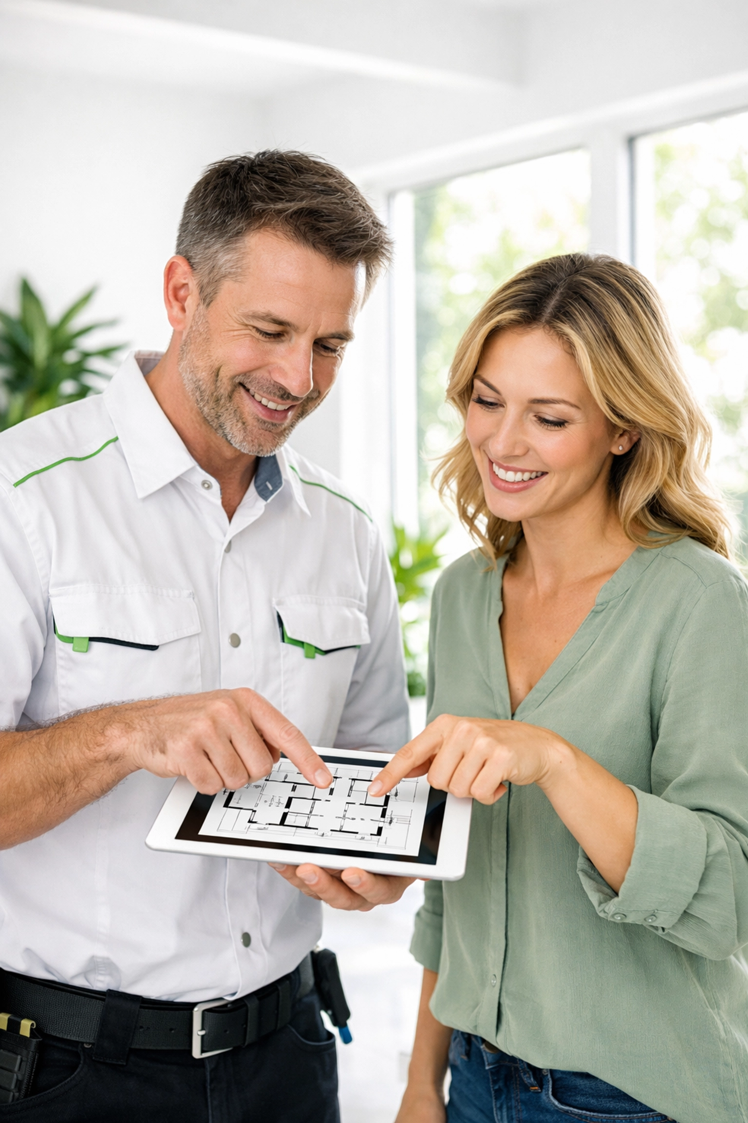 Contractor and homeowner using a tablet to review digital renovation plans for a professional project quote.