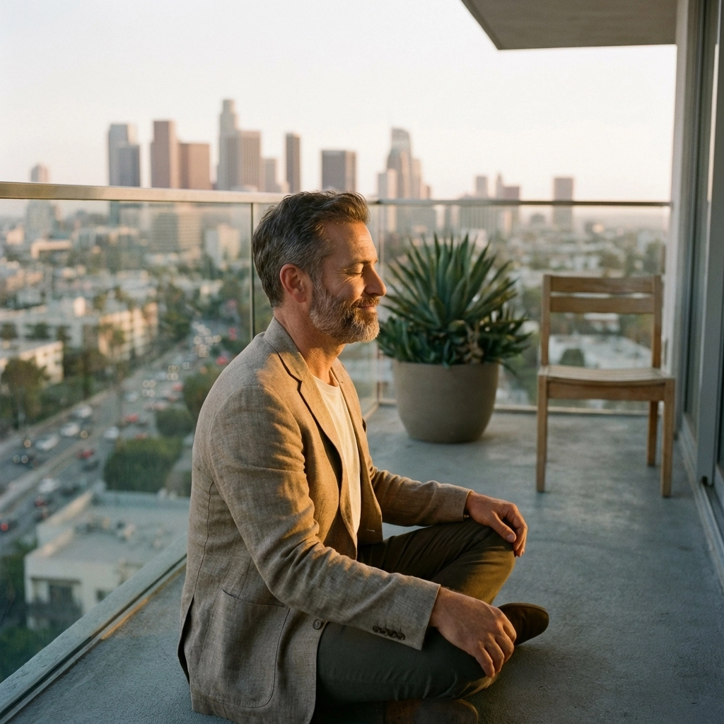 Successful man in his 40s finding inner stillness on a modern LA balcony at sunset, symbolizing trauma healing and peace.