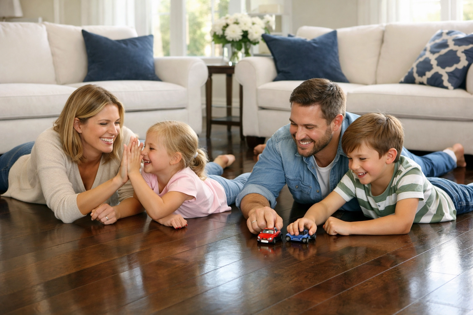 A happy family enjoying a spotless living room after professional house cleaning in Carlisle, Massachusetts.