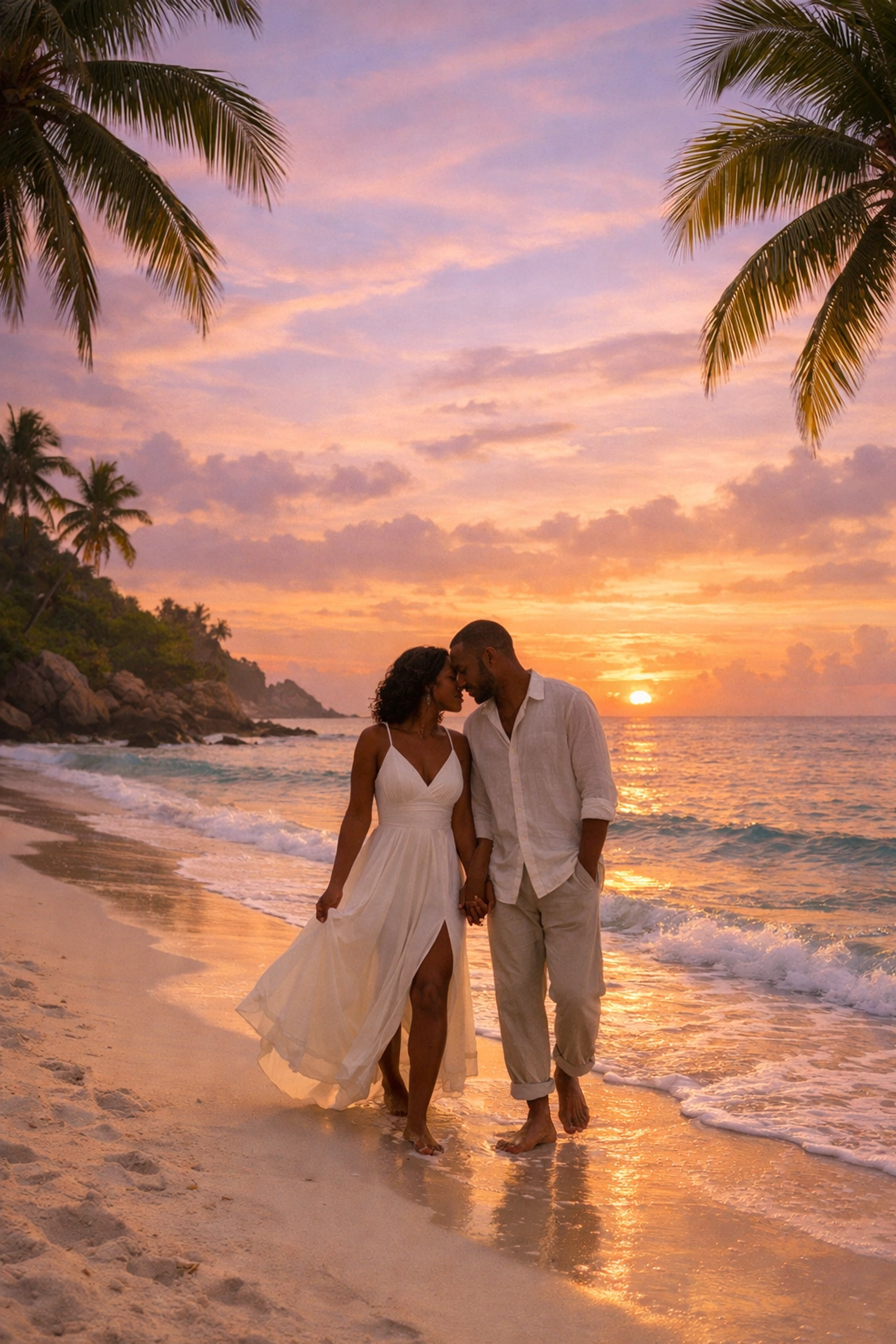 Couple walking hand-in-hand on tropical beach at sunset honeymoon destination