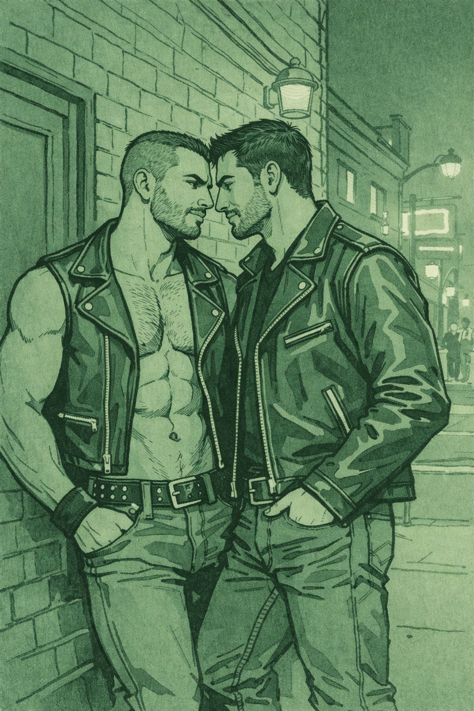 Two gay men in leather jackets share an intimate moment outside Eagle NYC in Chelsea