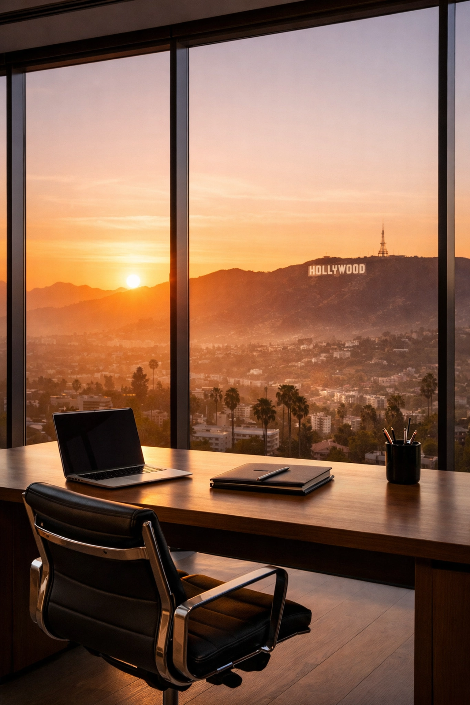 Modern Los Angeles high-rise office view of the Hollywood Hills and sunset for entertainment news.