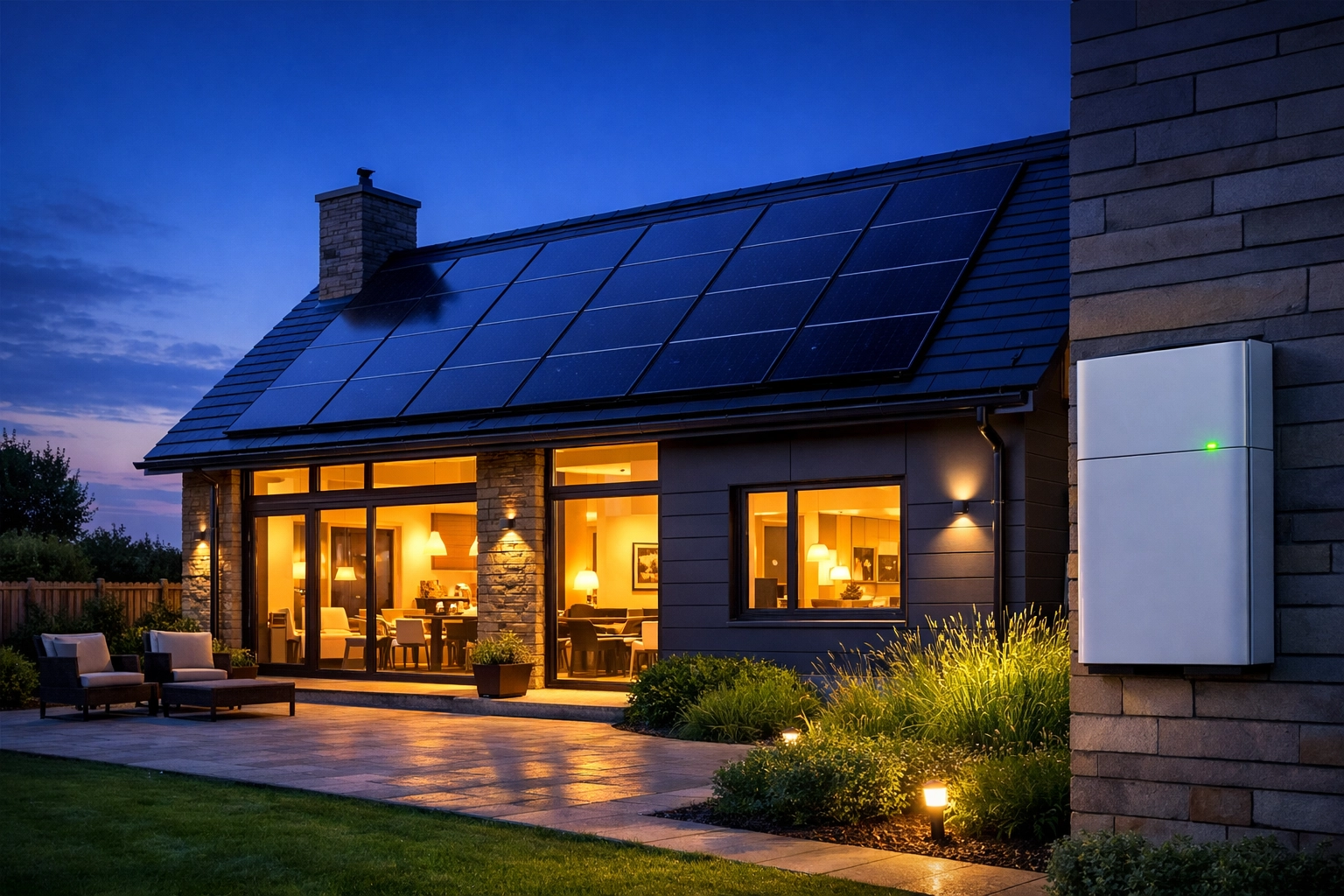 Sustainable home with solar panels and a smart battery system at dusk.