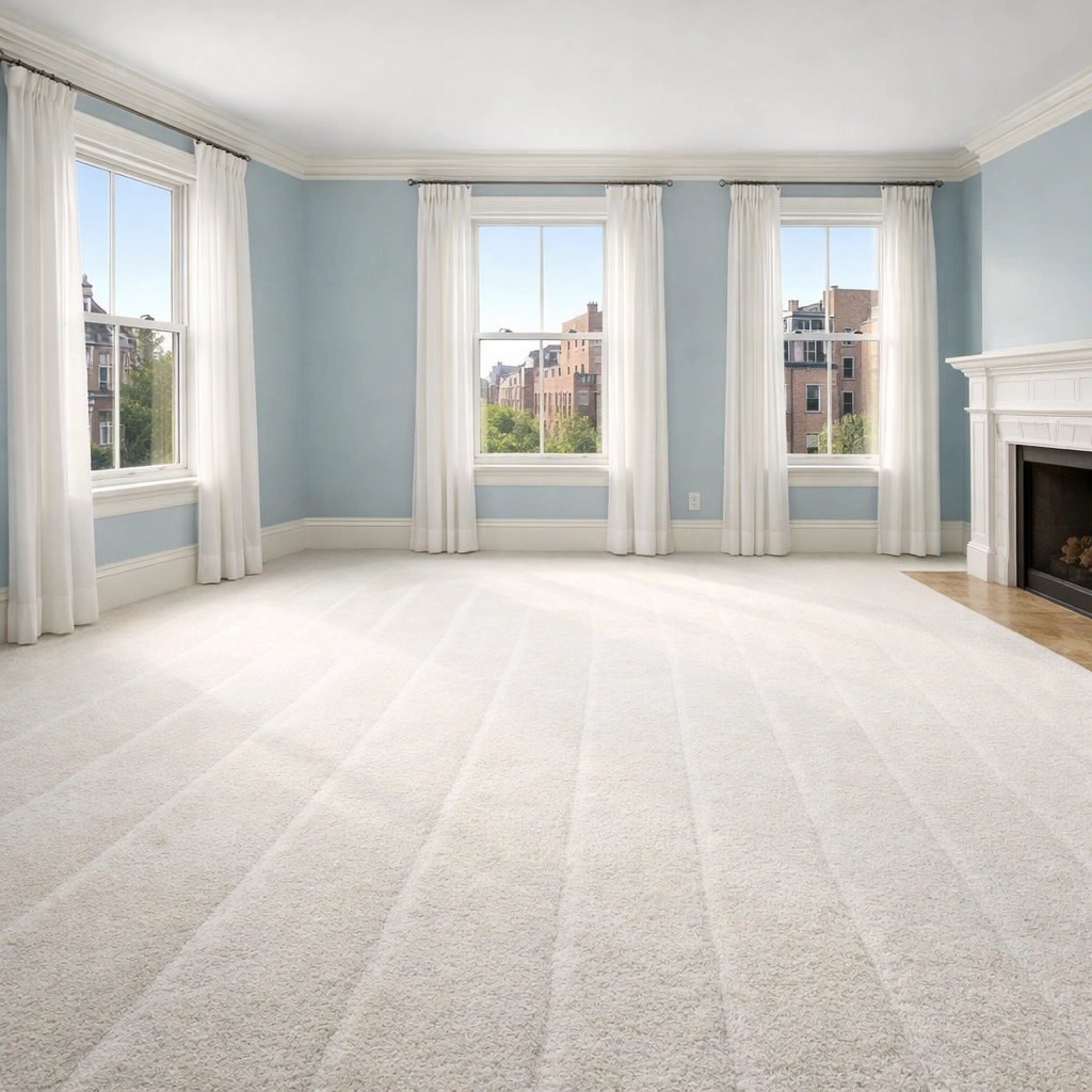 Freshly vacuumed master bedroom in a historic Boston home ready for a smooth move-in process.
