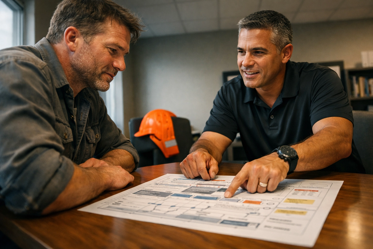 Advisor Reuben Lowing reviewing a tactical financial recovery roadmap with a blue-collar client.