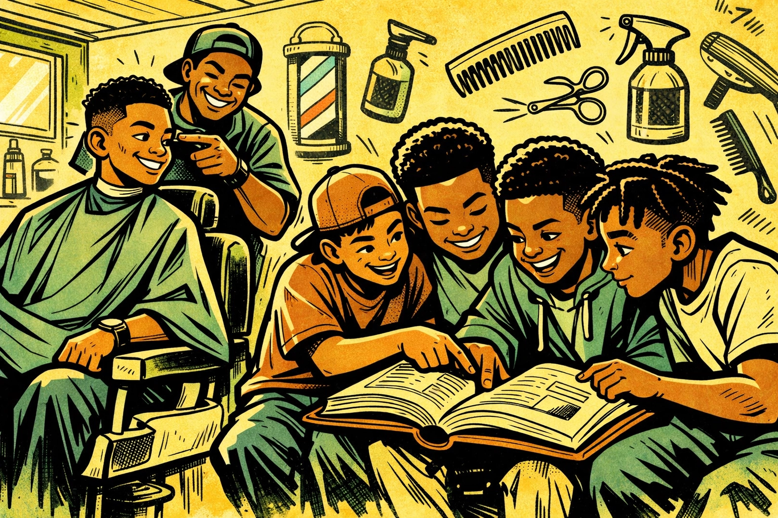Boys reading an academic book in a barbershop while one gets a haircut, building literacy together