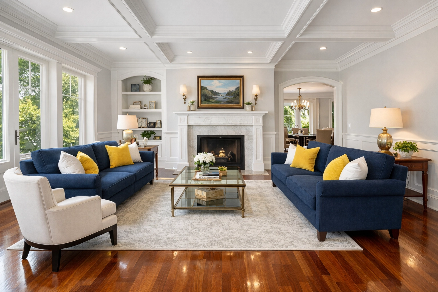 Professional deep cleaning in Franklin showing polished hardwood floors and an organized living room.