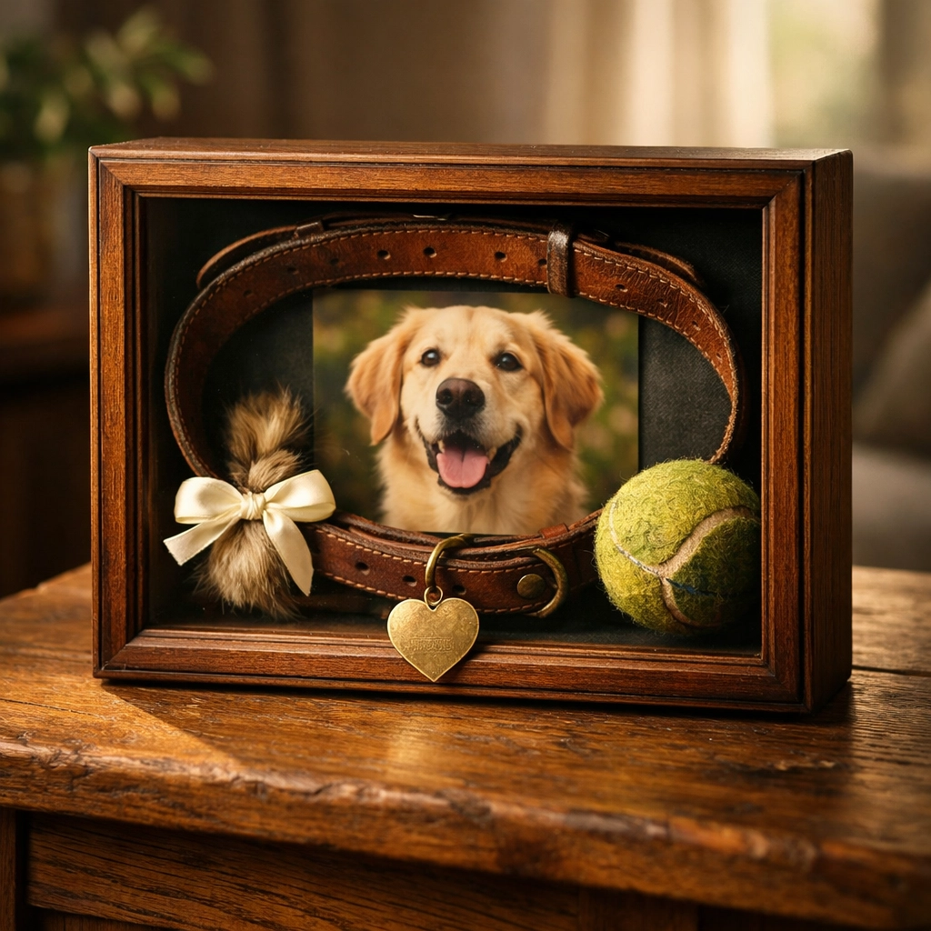 A personalized pet memorial shadow box displaying a photo, collar, and lock of fur as a meaningful tribute.