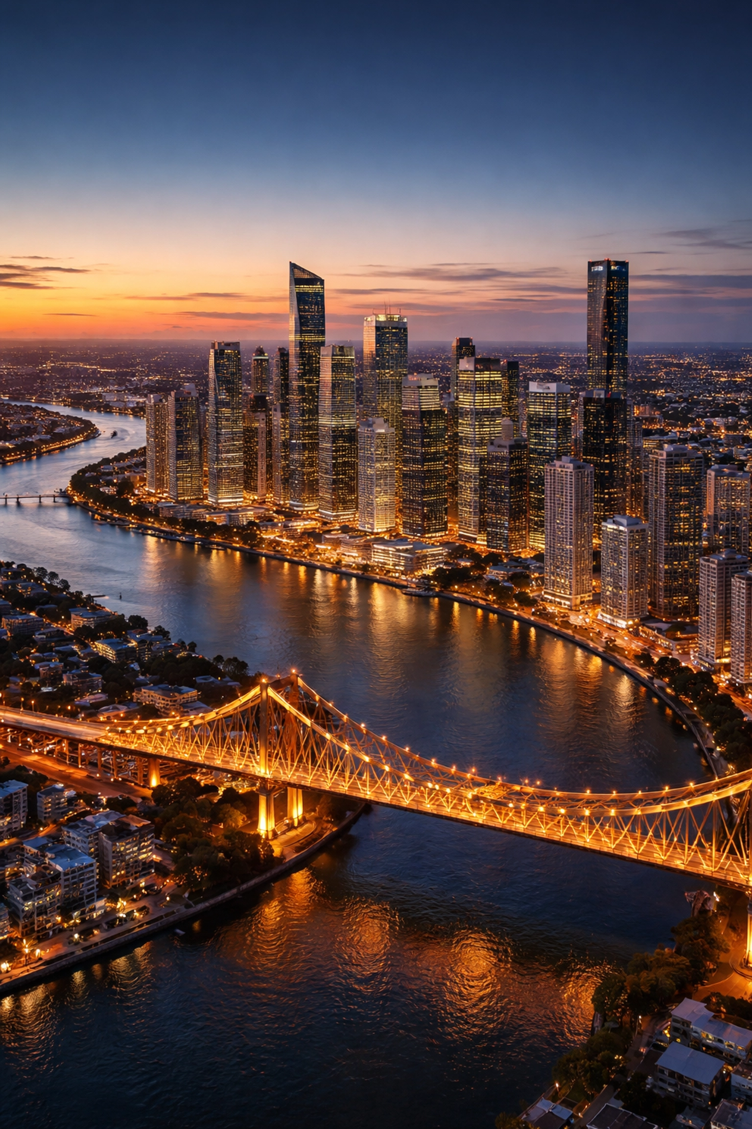Aerial view of Brisbane CBD skyline at dusk, highlighting key business hubs for accountants
