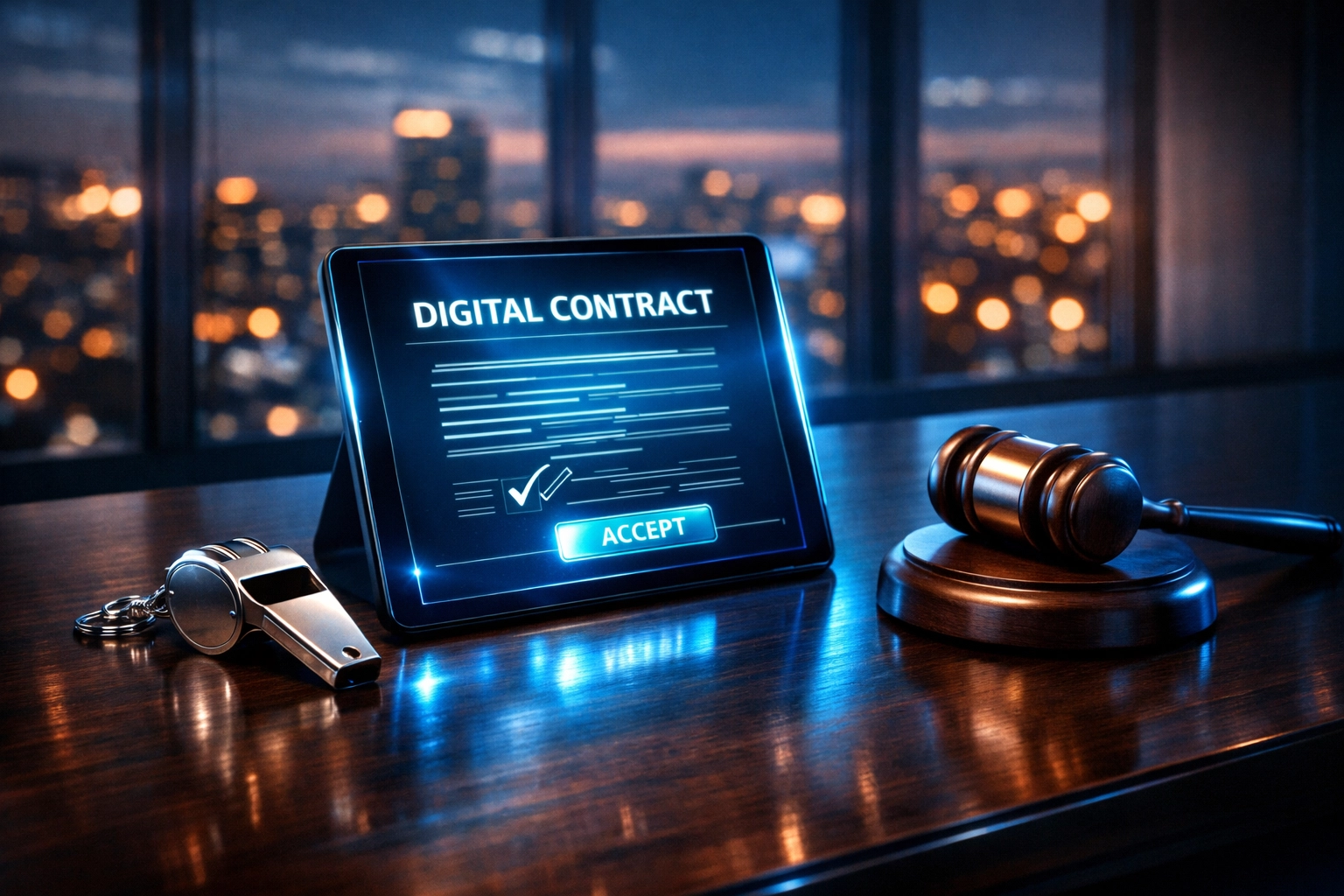 Executive desk with a digital contract and gavel highlighting NIL agent legal compliance rules.