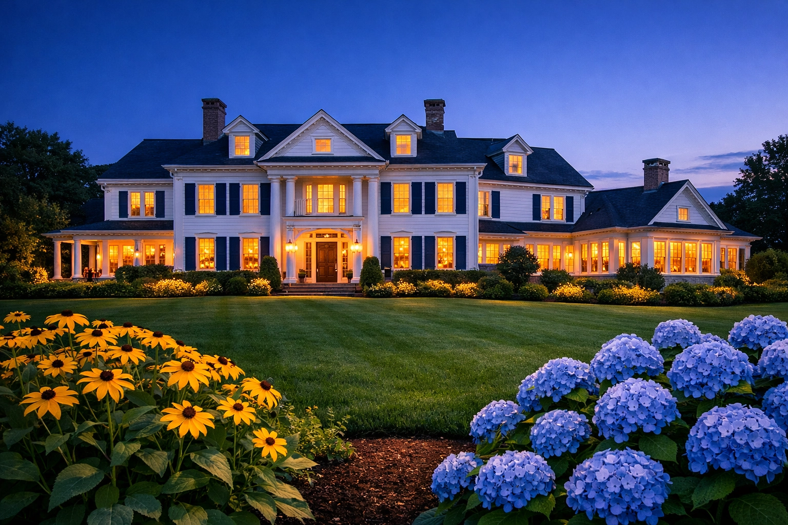 Exterior of a luxury colonial home showing the results of expert Shrewsbury Estate Maintenance.