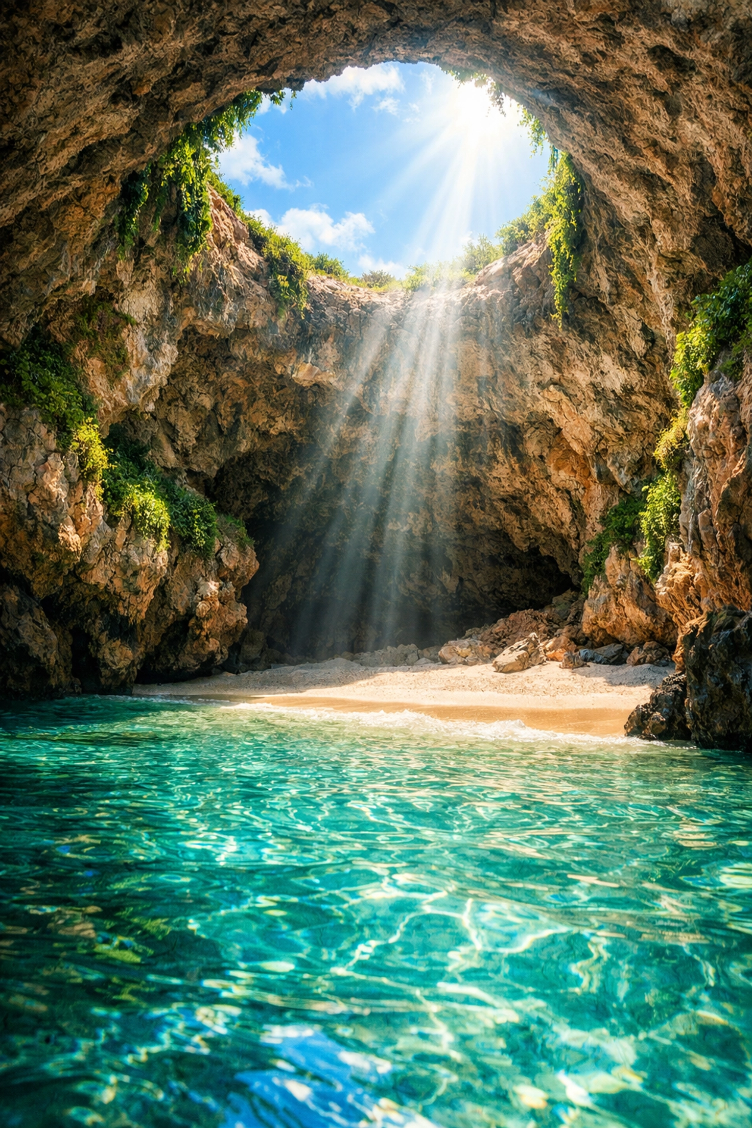 Hidden Beach at Islas Marietas with sunlight streaming through cave ceiling onto turquoise water