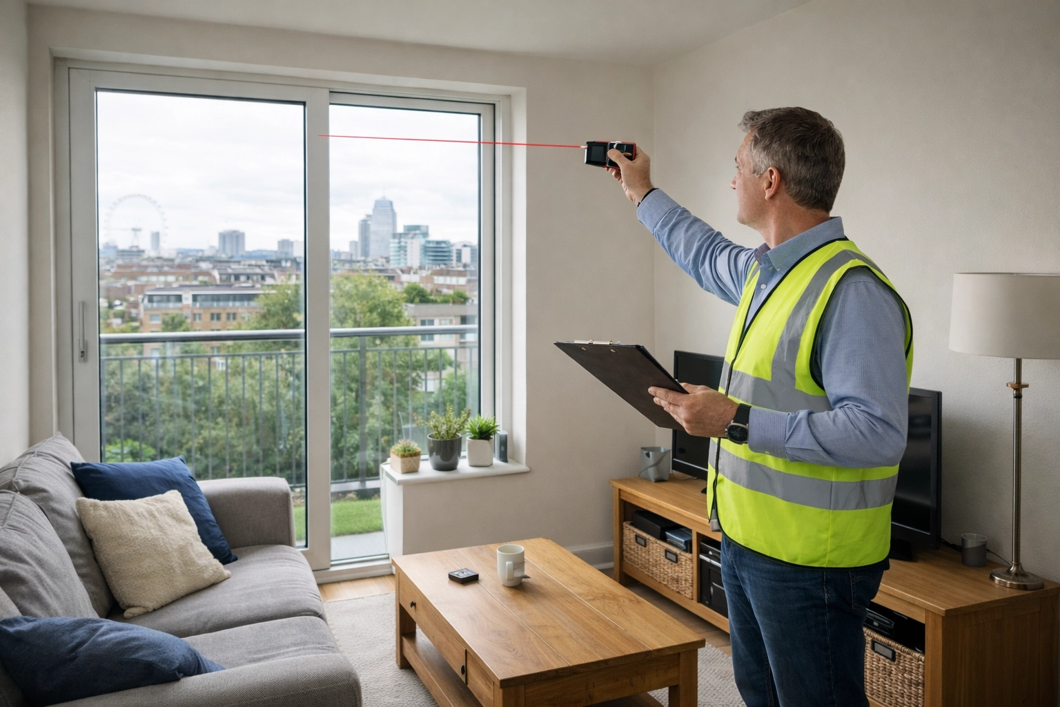 On-site photo of a surveyor measuring an internal wall with a laser distance measurer during a valuation inspection