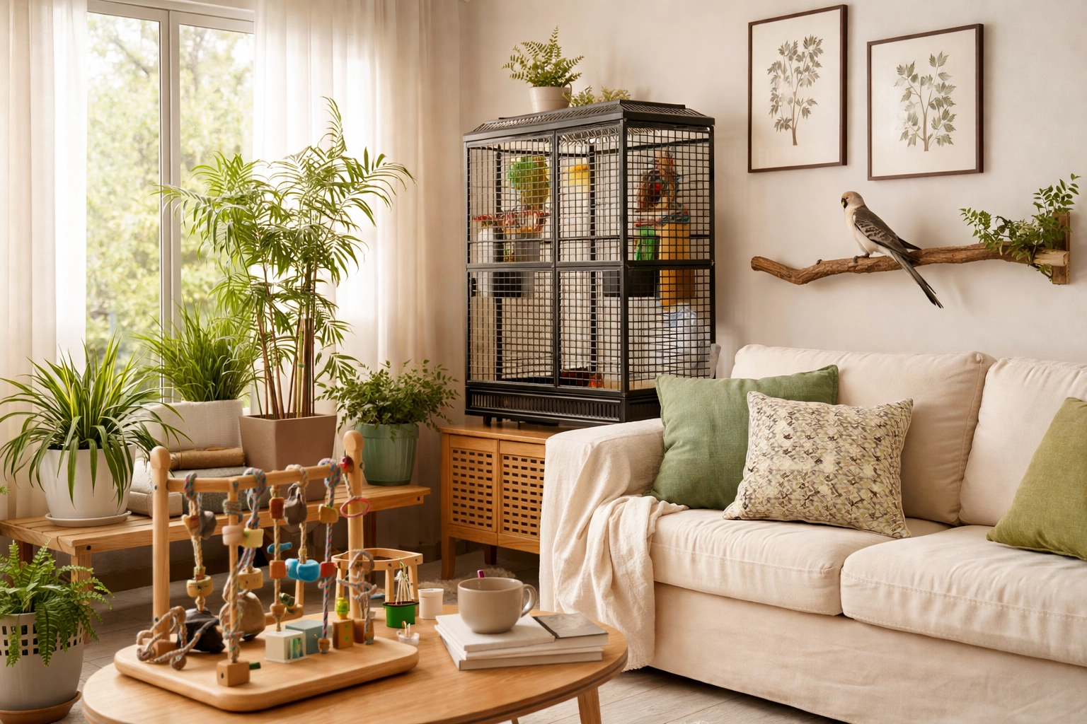 Bird-friendly living room with safe houseplants, natural wood play stand, and cockatiel on wall perch