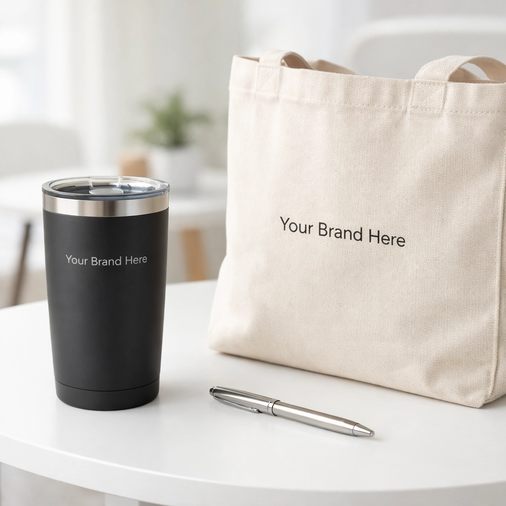 High-quality promotional products including a branded tumbler and tote bag for business giveaways.