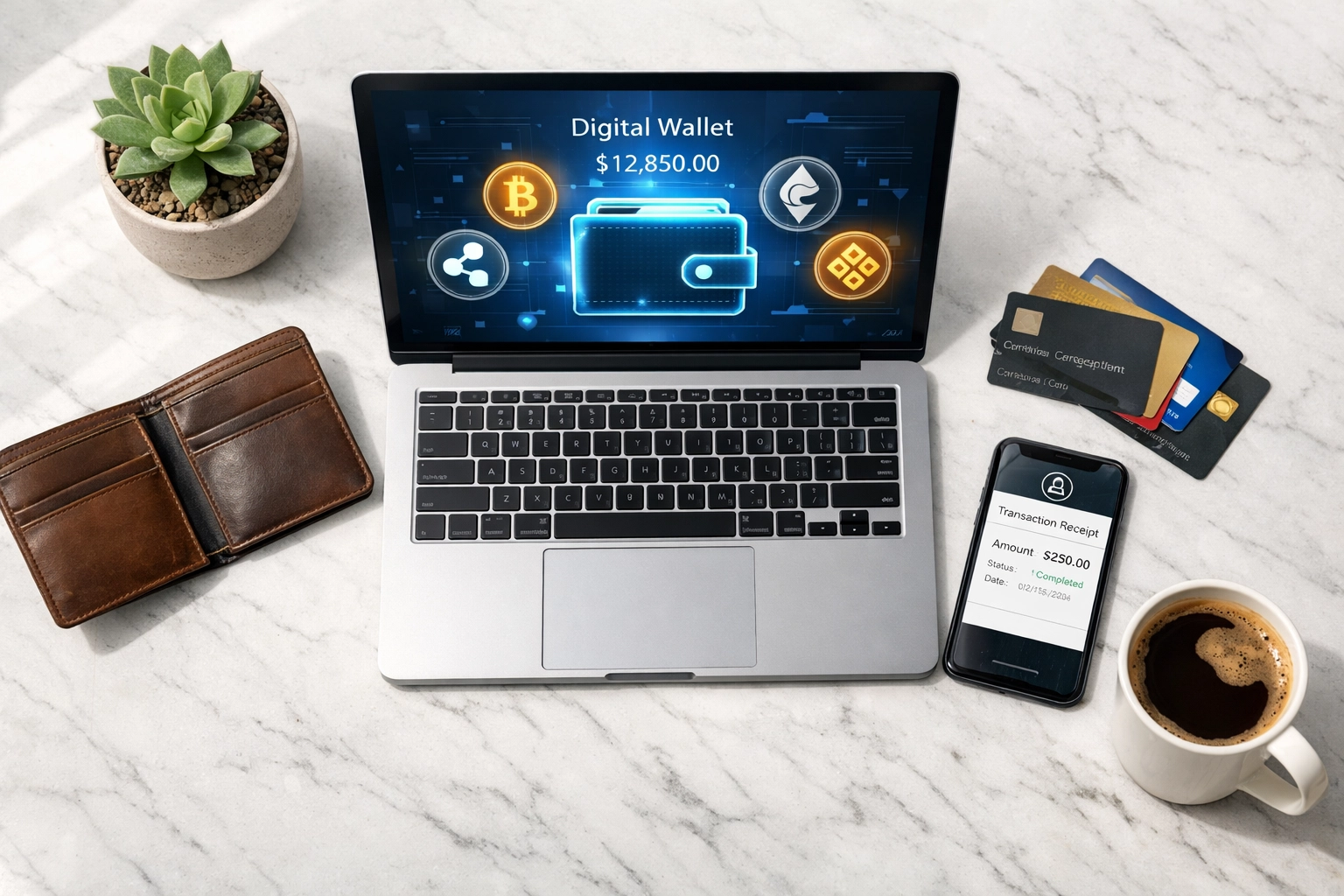 Digital crypto wallet on desk replacing traditional payment methods and bank cards