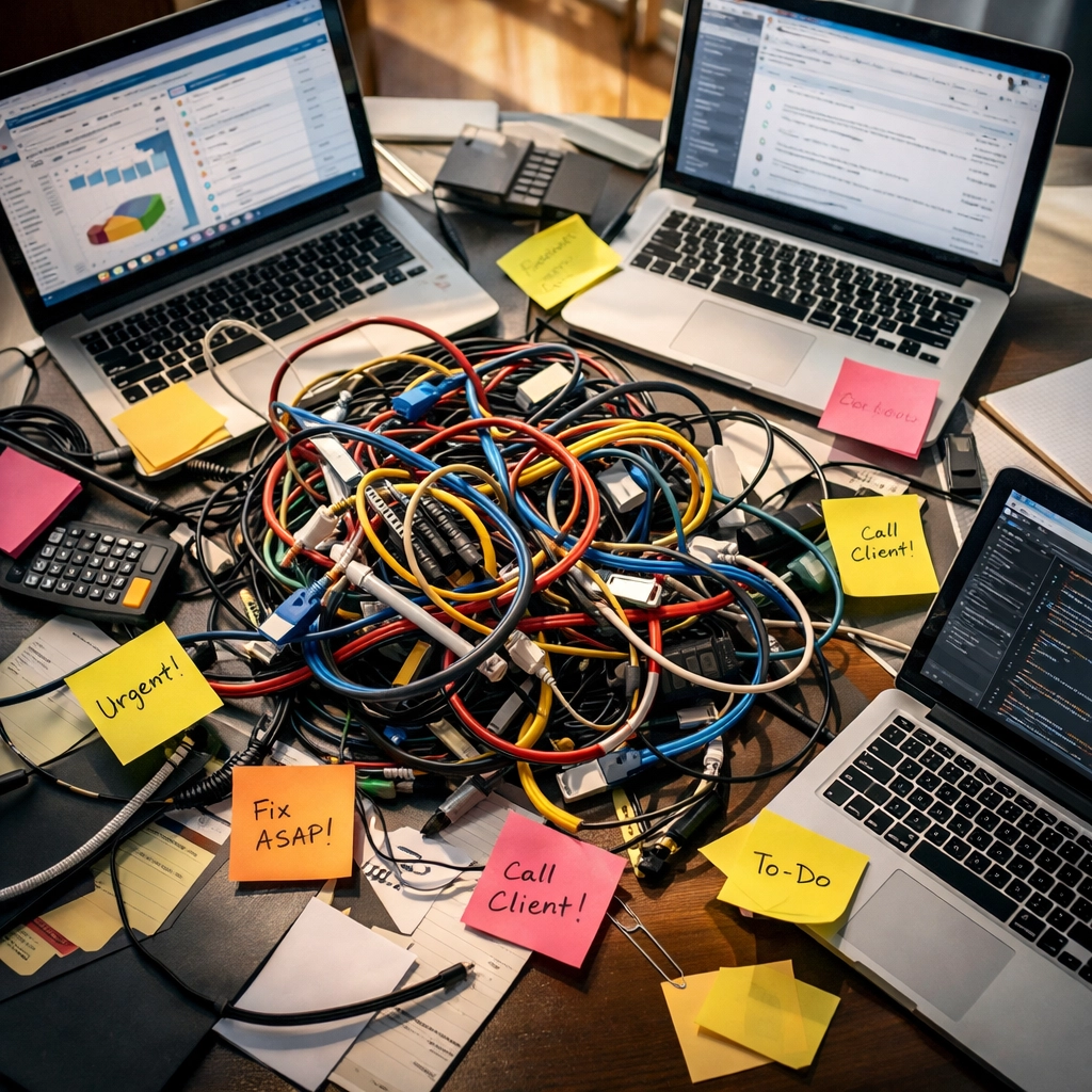 Cluttered desk with multiple laptops and papers showing business micromanagement chaos