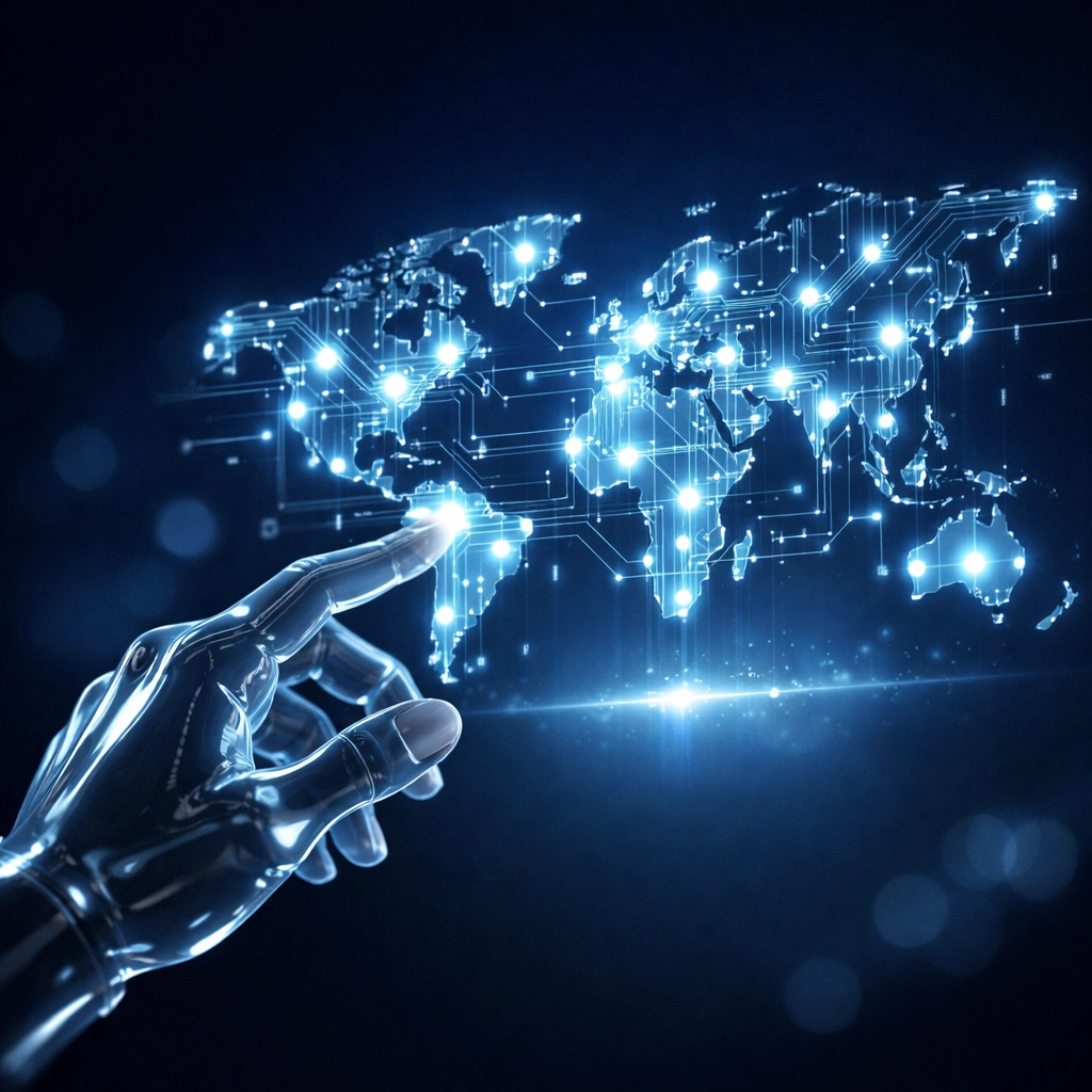 A digital hand reaching for a holographic map, illustrating AI-driven branding and marketing services for the future.