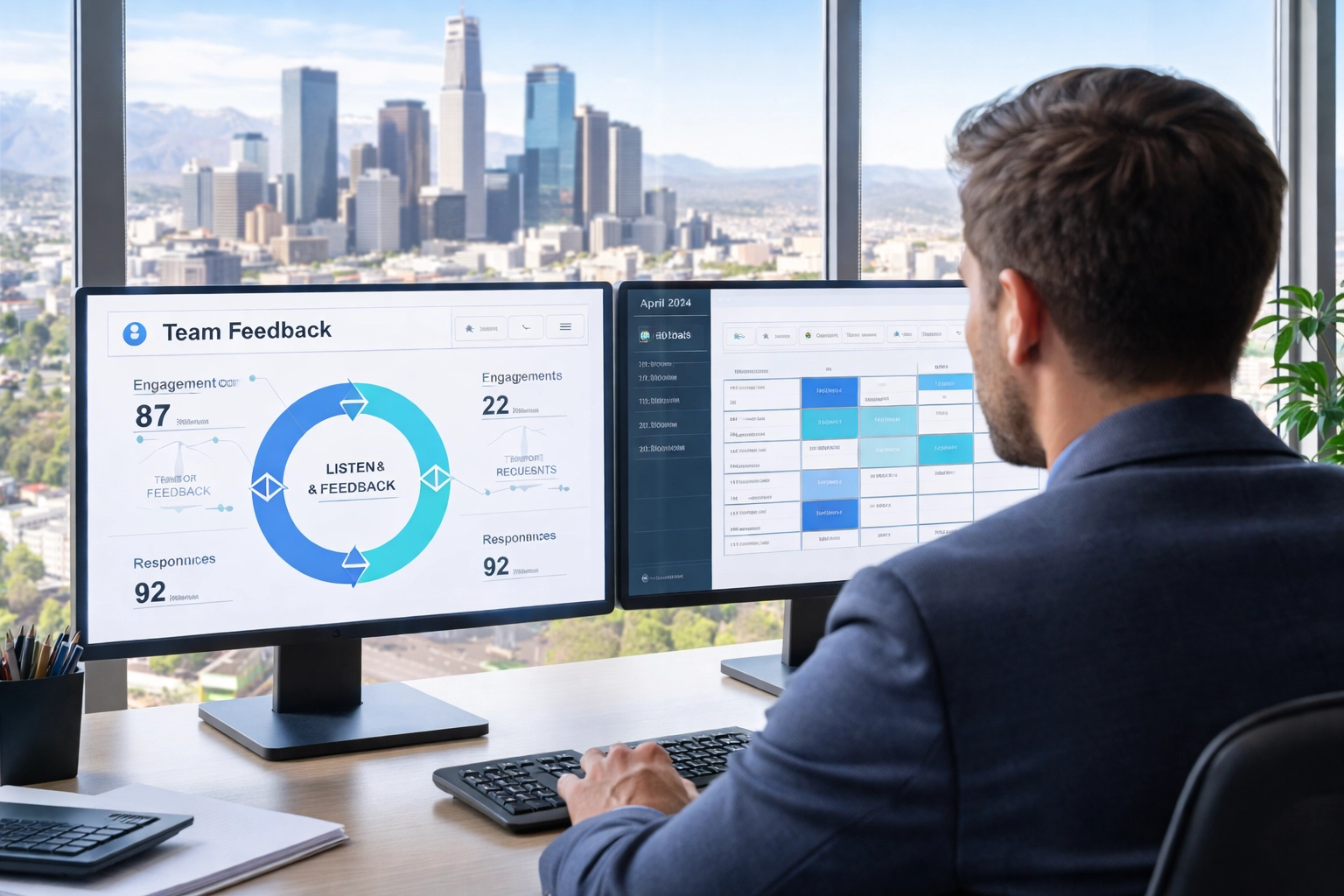Operations manager analyzes team feedback dashboard, emphasizing open communication for accountability