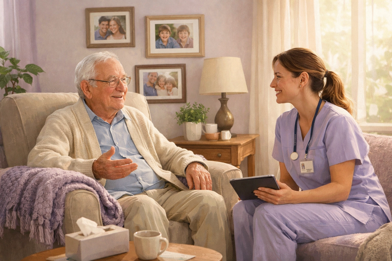 RN discussing personalized care plan with senior in comfortable home setting