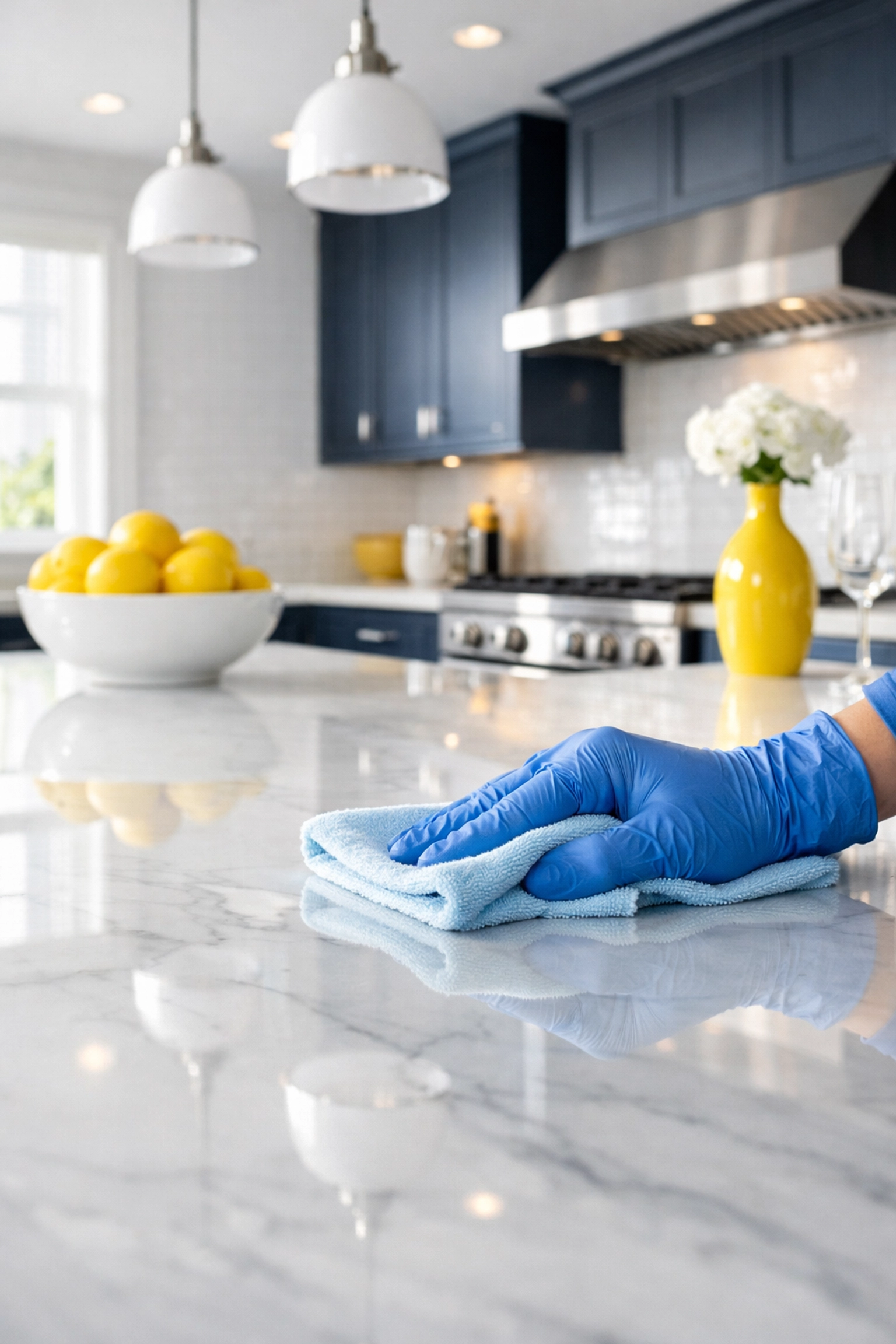 Professional deep cleaning Worcester specialist polishing a marble kitchen counter for a spotless home.