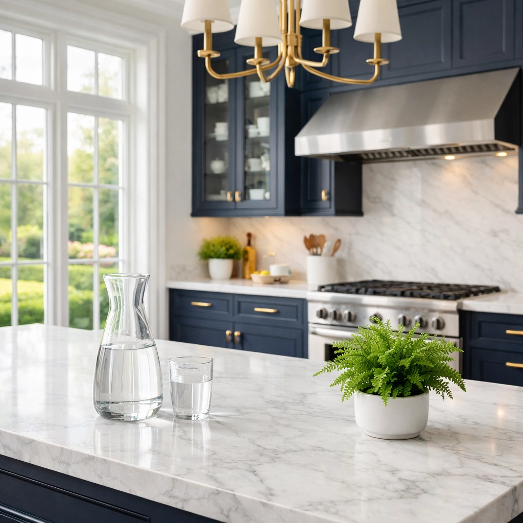 Luxury eco-friendly residential cleaning Massachusetts service for a spotless marble kitchen in a Dover home.