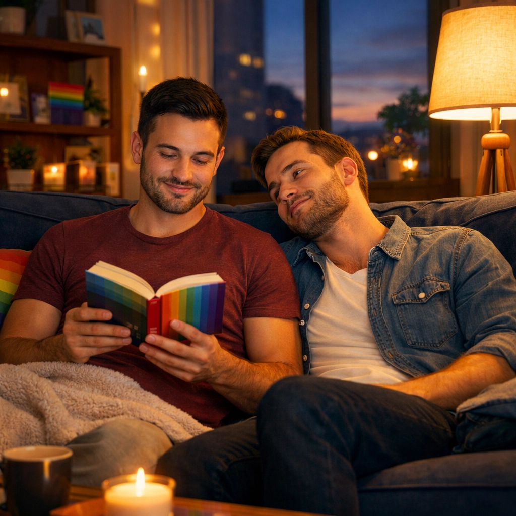 Male roommates sitting close together on a couch, illustrating the forced proximity trope in MM romance books.