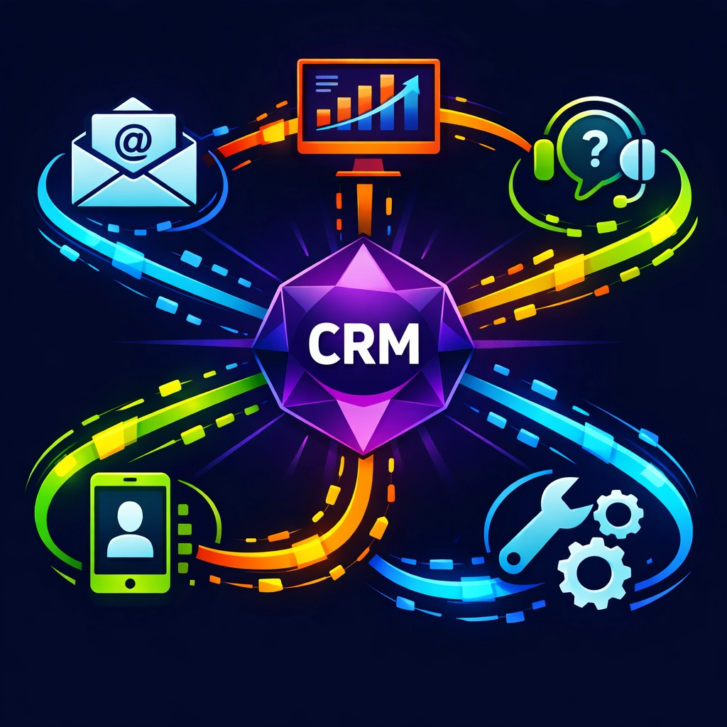 CRM integration ecosystem connecting sales, marketing, and support tools with AI agents