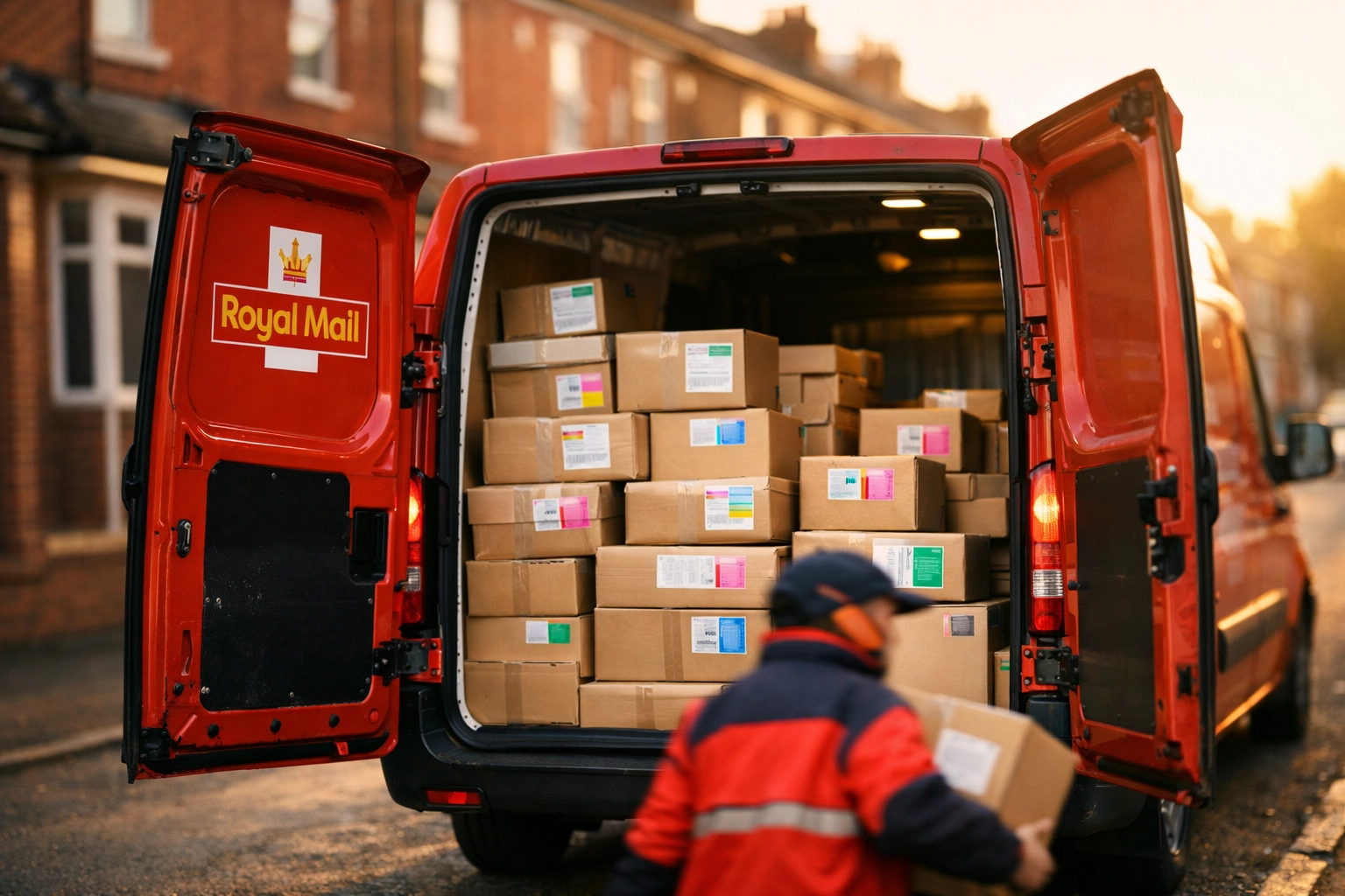 Royal Mail delivery van with parcels for next day delivery service in Manchester