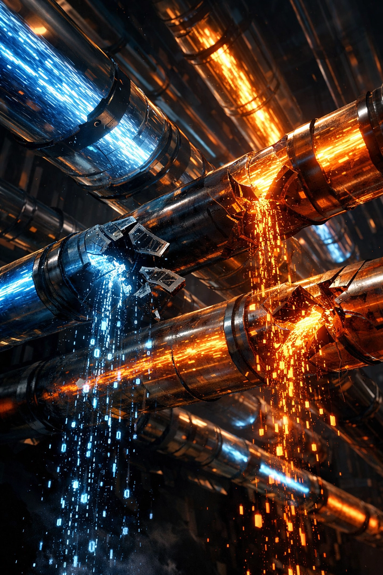 Broken data pipeline with leaking data streams illustrating data trust failures in AI systems