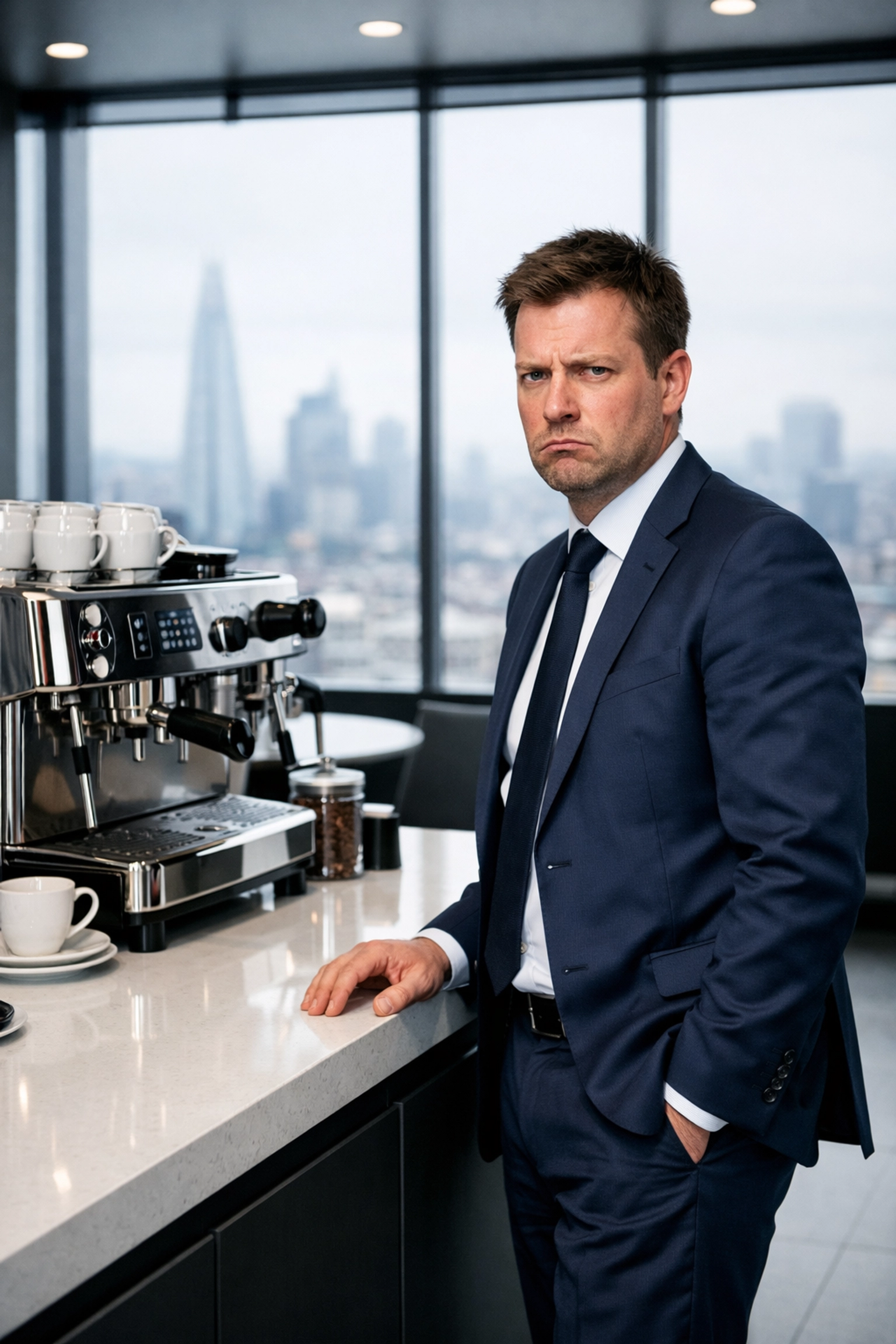 Sarcastic man in a corporate office breakroom, highlighting the need for funny mugs to handle office banter.