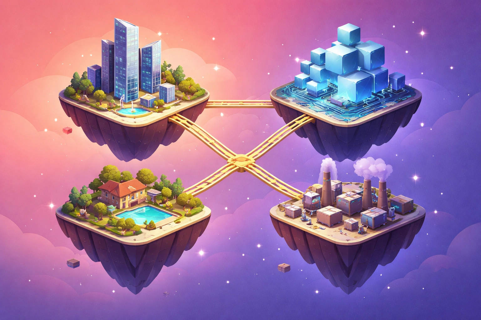 Floating islands connected by golden bridges, each representing a different asset class for visualizing advanced diversified investment portfolios.