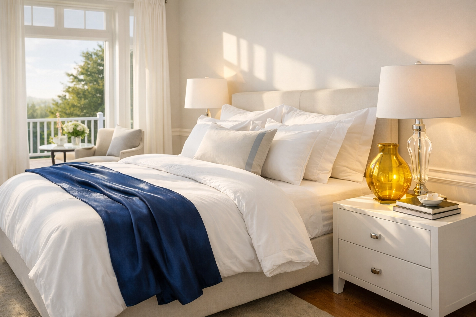 Tidy luxury master bedroom in Swampscott MA with professional cleaning for a stress-free home.