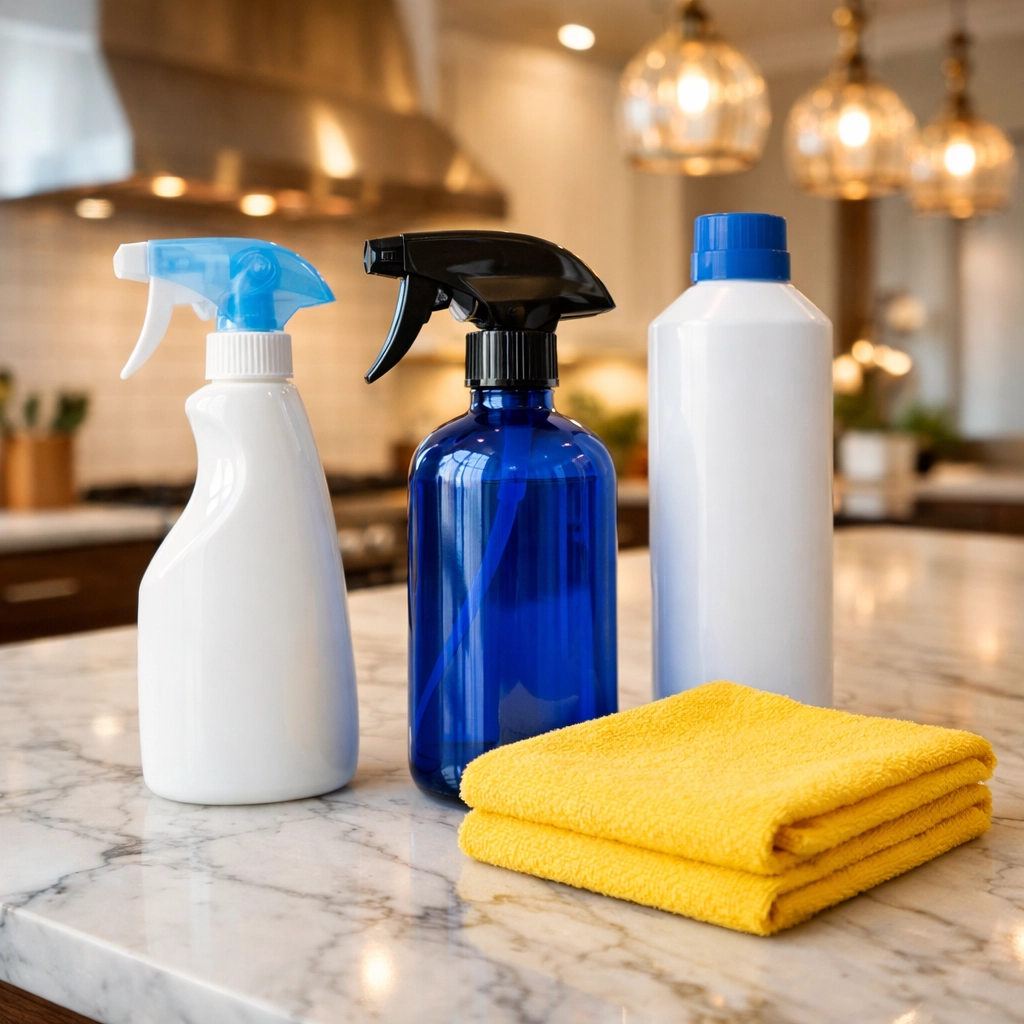 Eco-friendly supplies ready for detailed post construction cleaning in Walpole kitchen.