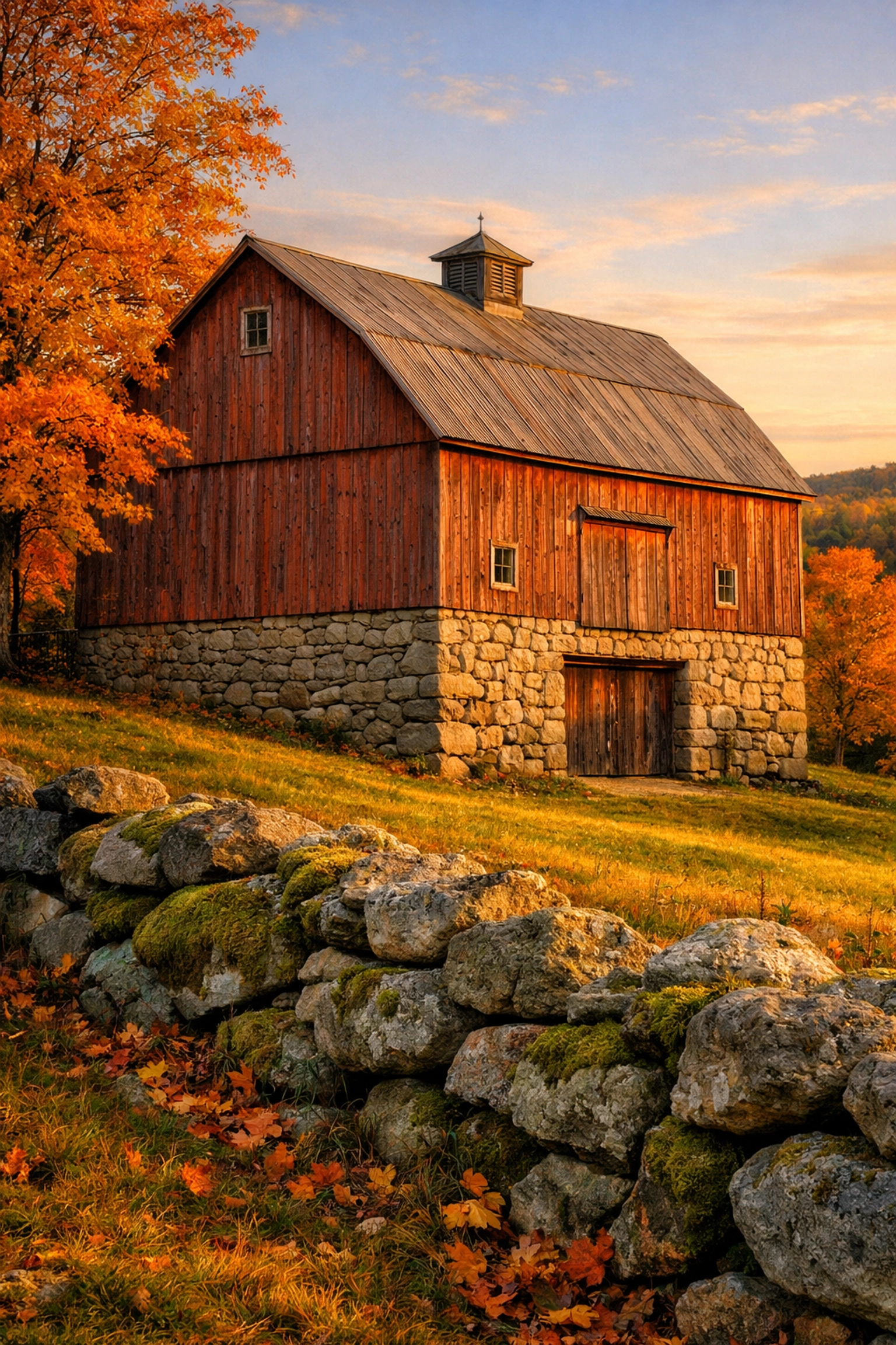 Historic Burlington CT barn on a hillside, a prime location for hidden collector cars in Connecticut.