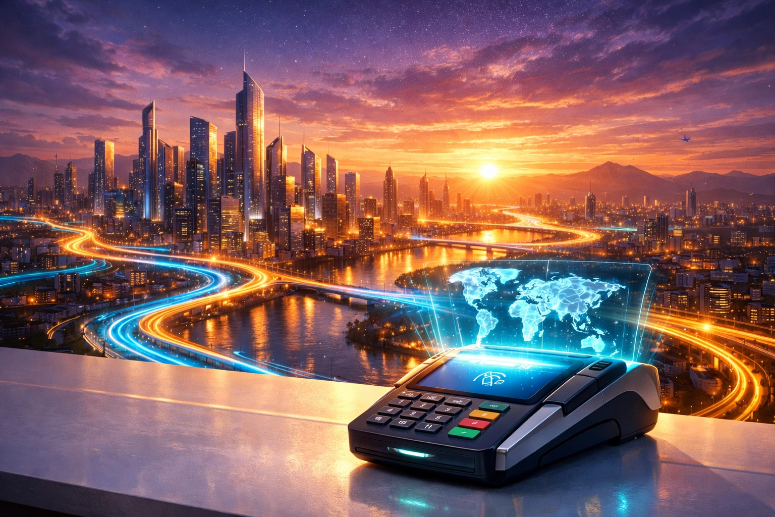 Modern Web3 payment terminal connecting a global commerce network with Larecoin's digital payment gateway.