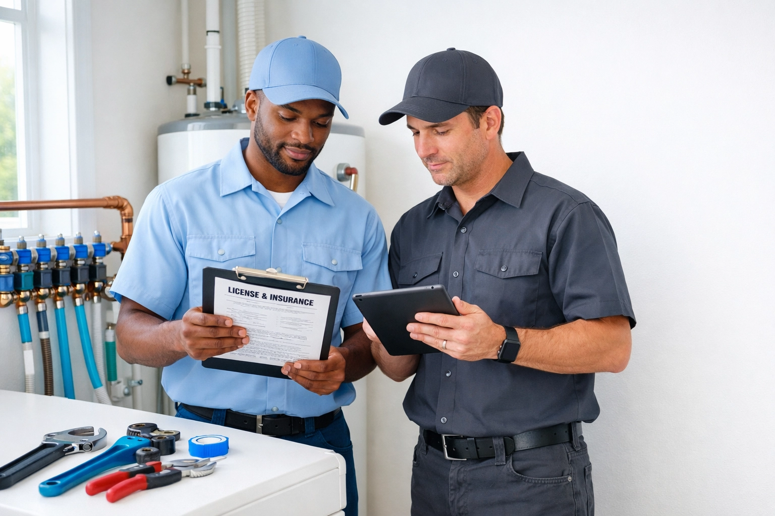 Verified plumbers in Florida reviewing licensing credentials and insurance before starting repair work.