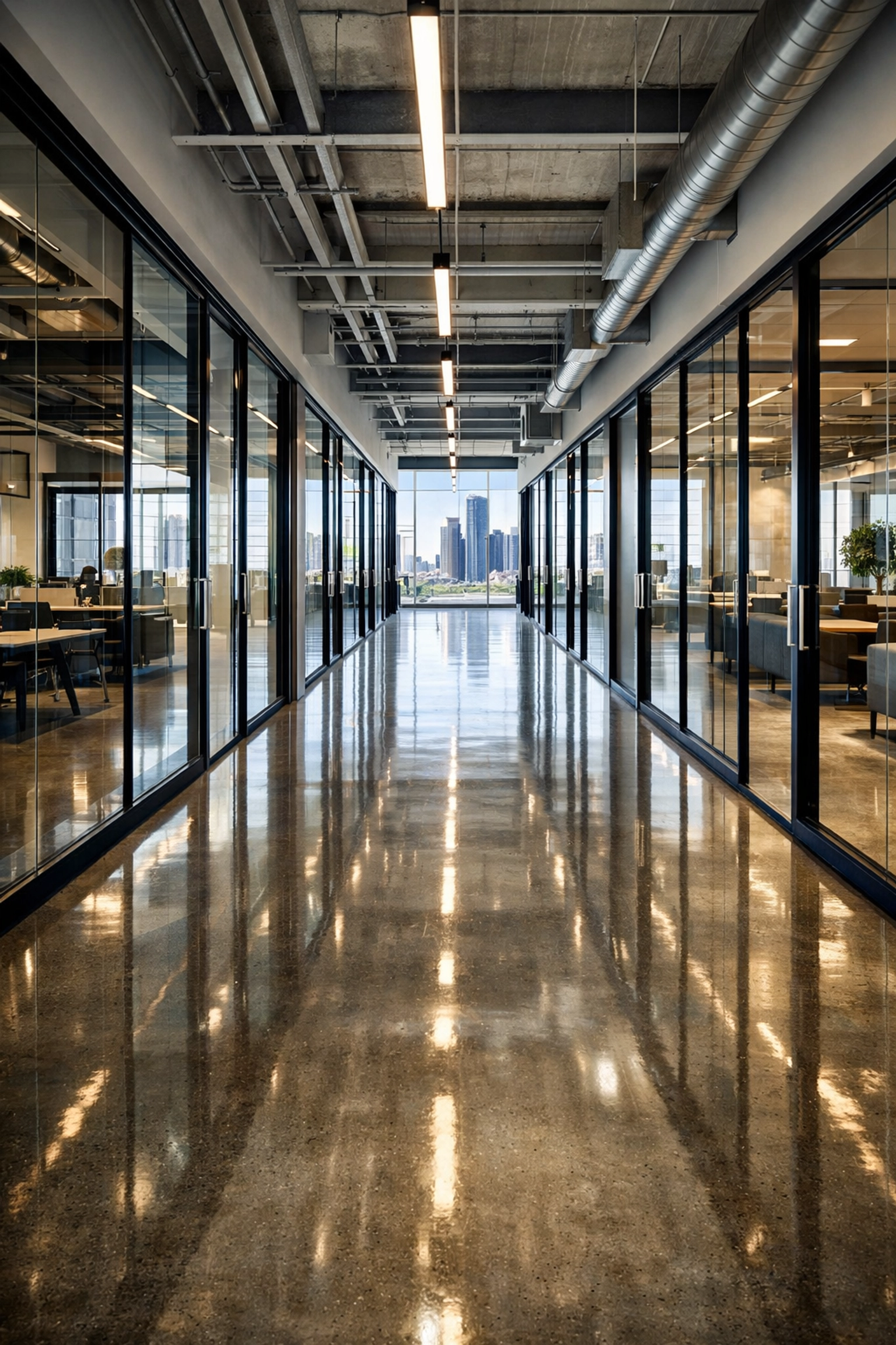 Sun-drenched hallway in a Detroit commercial office building showcasing professional maintenance standards.