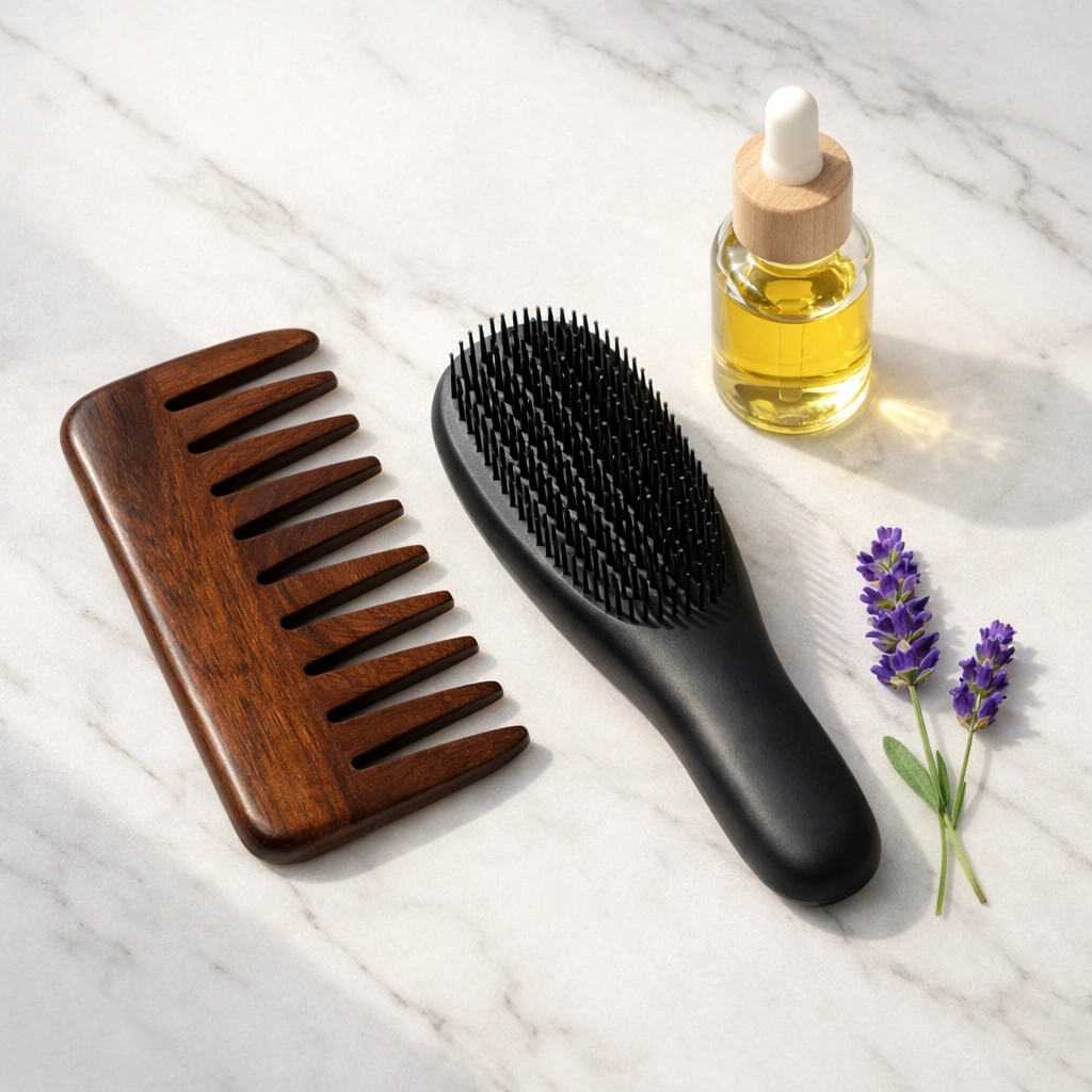 Wide-tooth wooden comb and detangling brush for healthy hair rituals and preventing breakage.