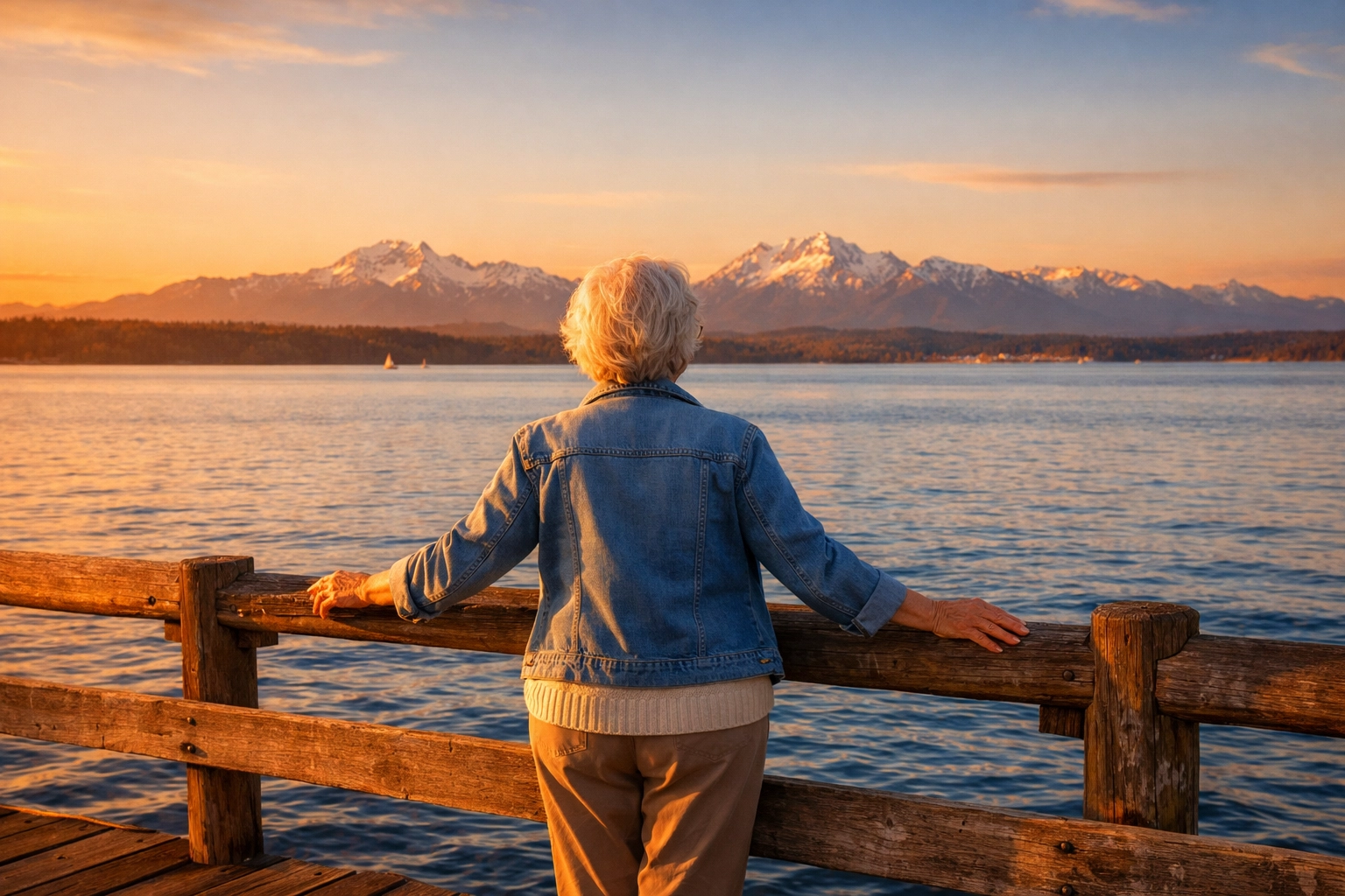 Senior woman overlooking Puget Sound, achieving financial freedom with expert Washington reverse mortgage info.