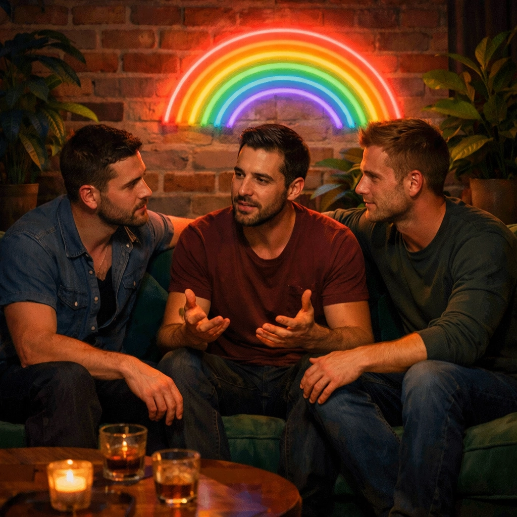 Three gay men discussing relationship boundaries and polyamory, highlighting communication in queer life transitions.