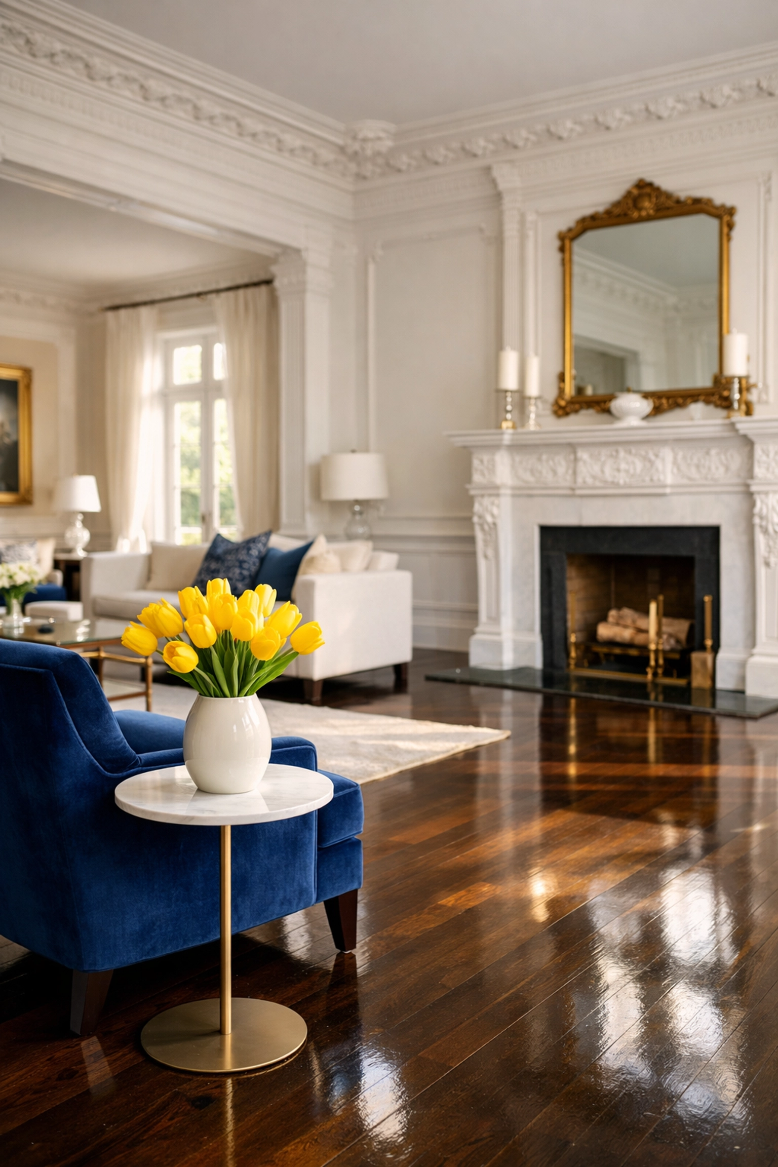 Spotless Milton luxury cleaning in a historic mansion living room with polished hardwood floors.