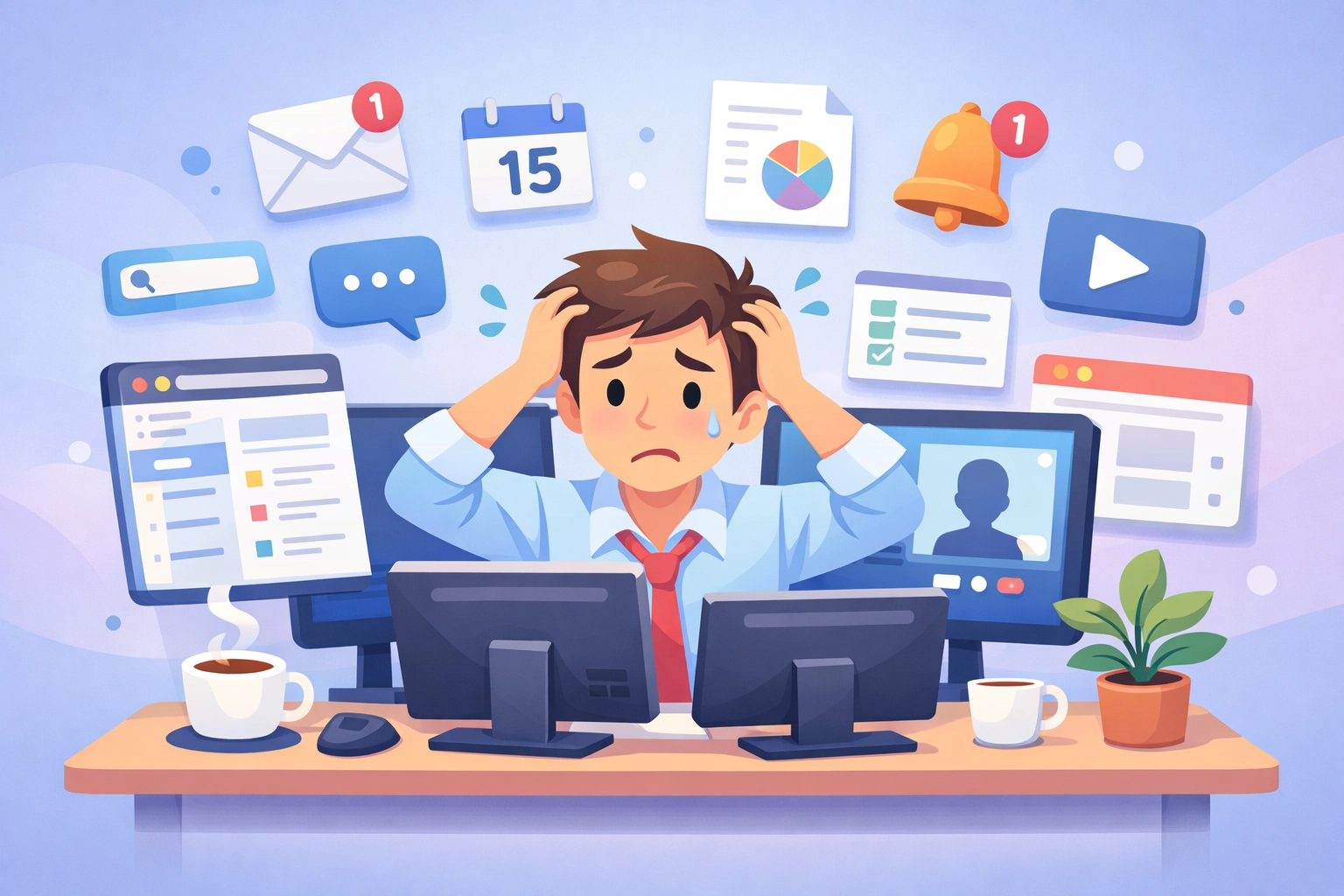 Overwhelmed SMB employee juggling multiple business tools and apps, losing productivity to context-switching