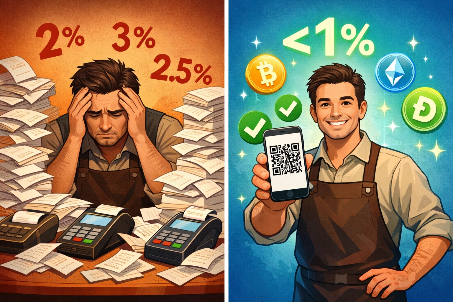 Merchant comparing traditional payment fees vs crypto QR code payments showing over 50% fee savings