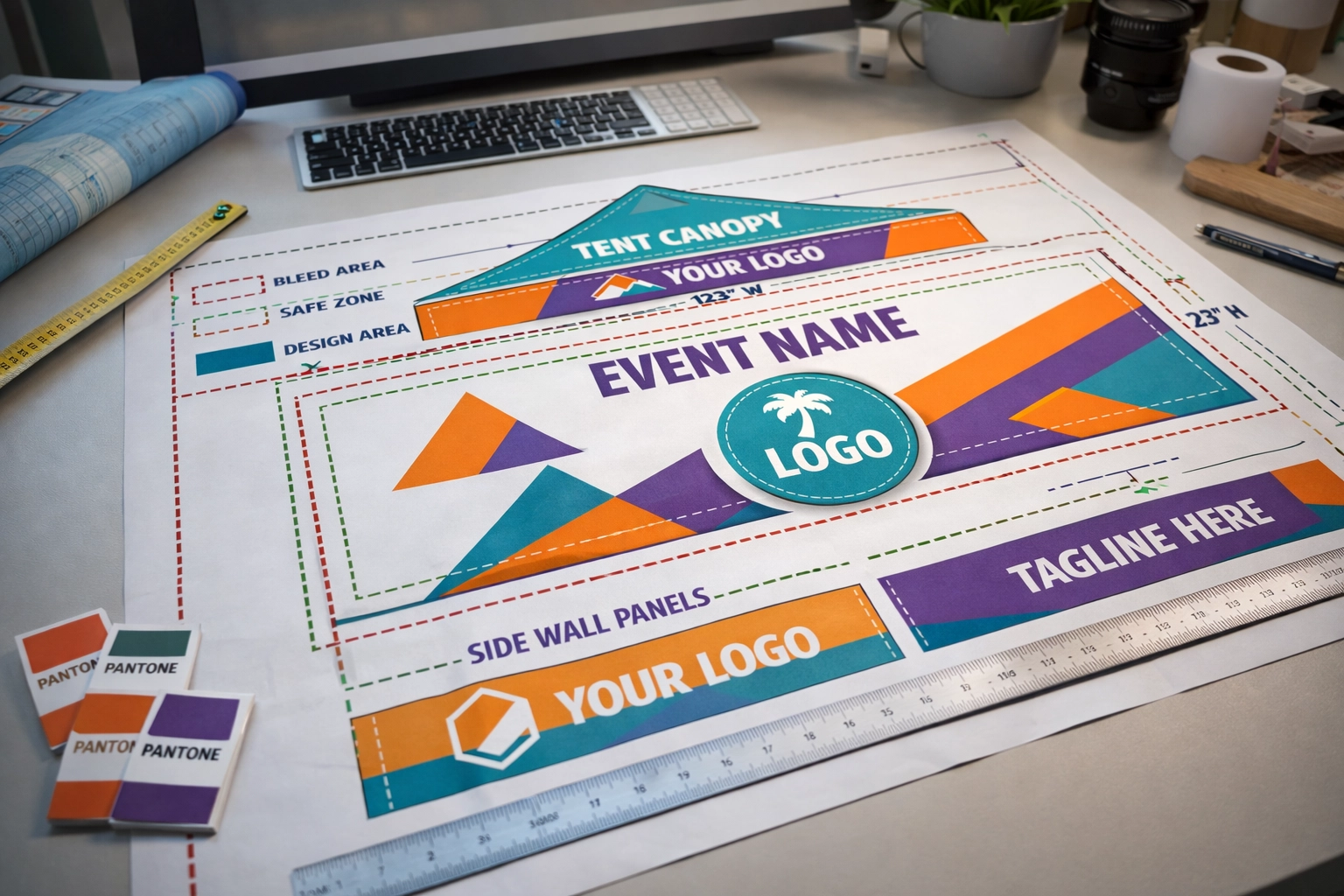 Custom canopy tent design file layout showing bleed areas and safe zones for artwork