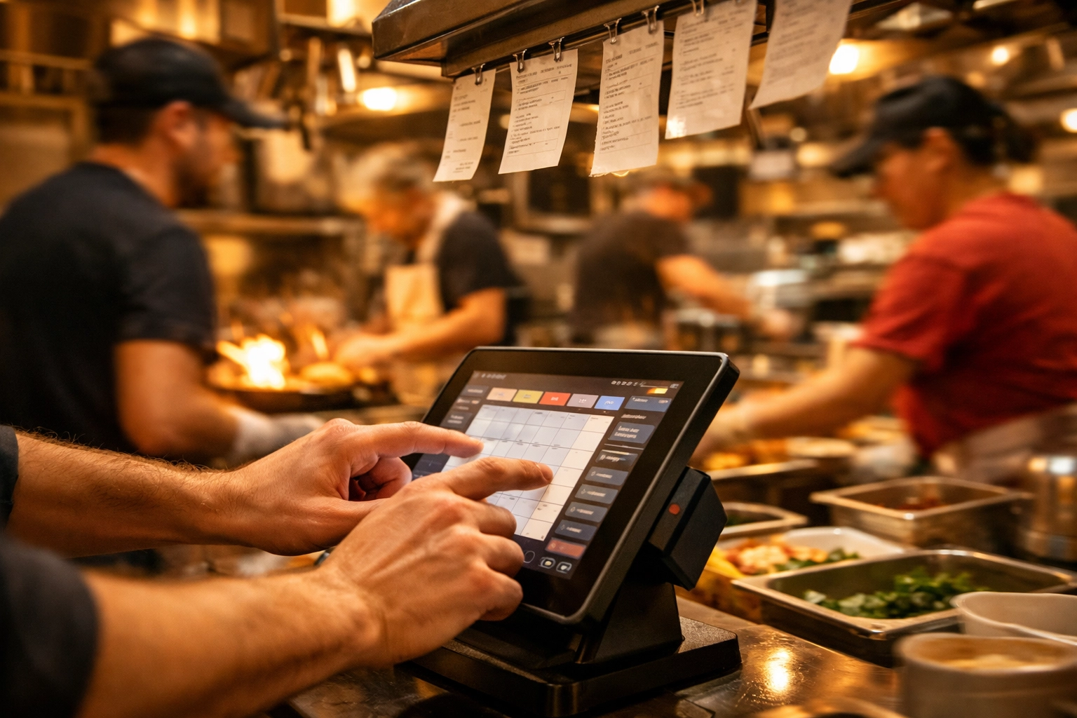 Takeaway staff using POS system during busy dinner rush in restaurant kitchen
