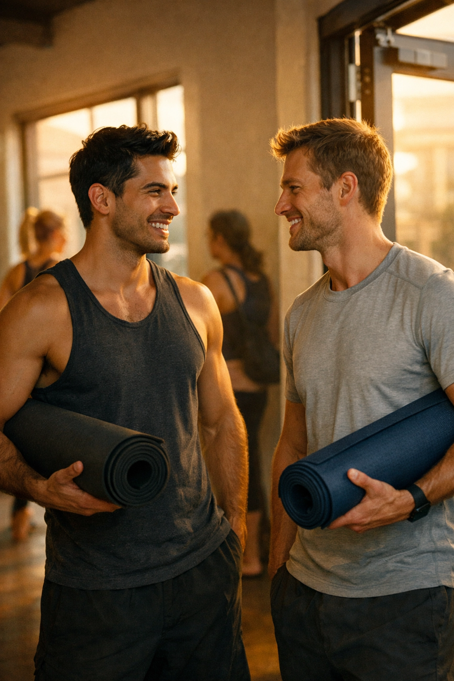 Gay men talking after yoga class holding mats, building connection in LGBTQ+ fitness community